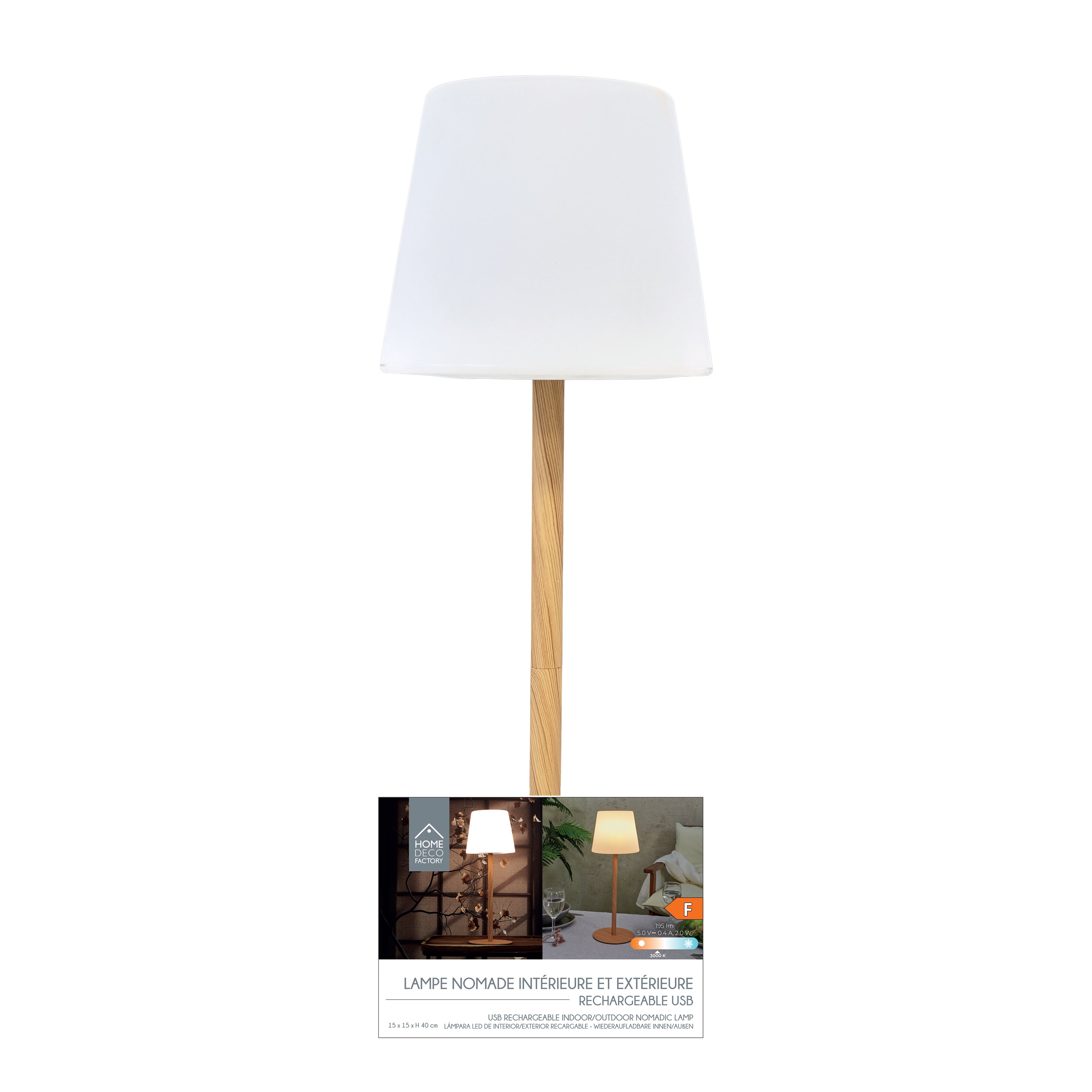 LAMPE EFFET BOIS RECHARGEABLE IP44 H40CM