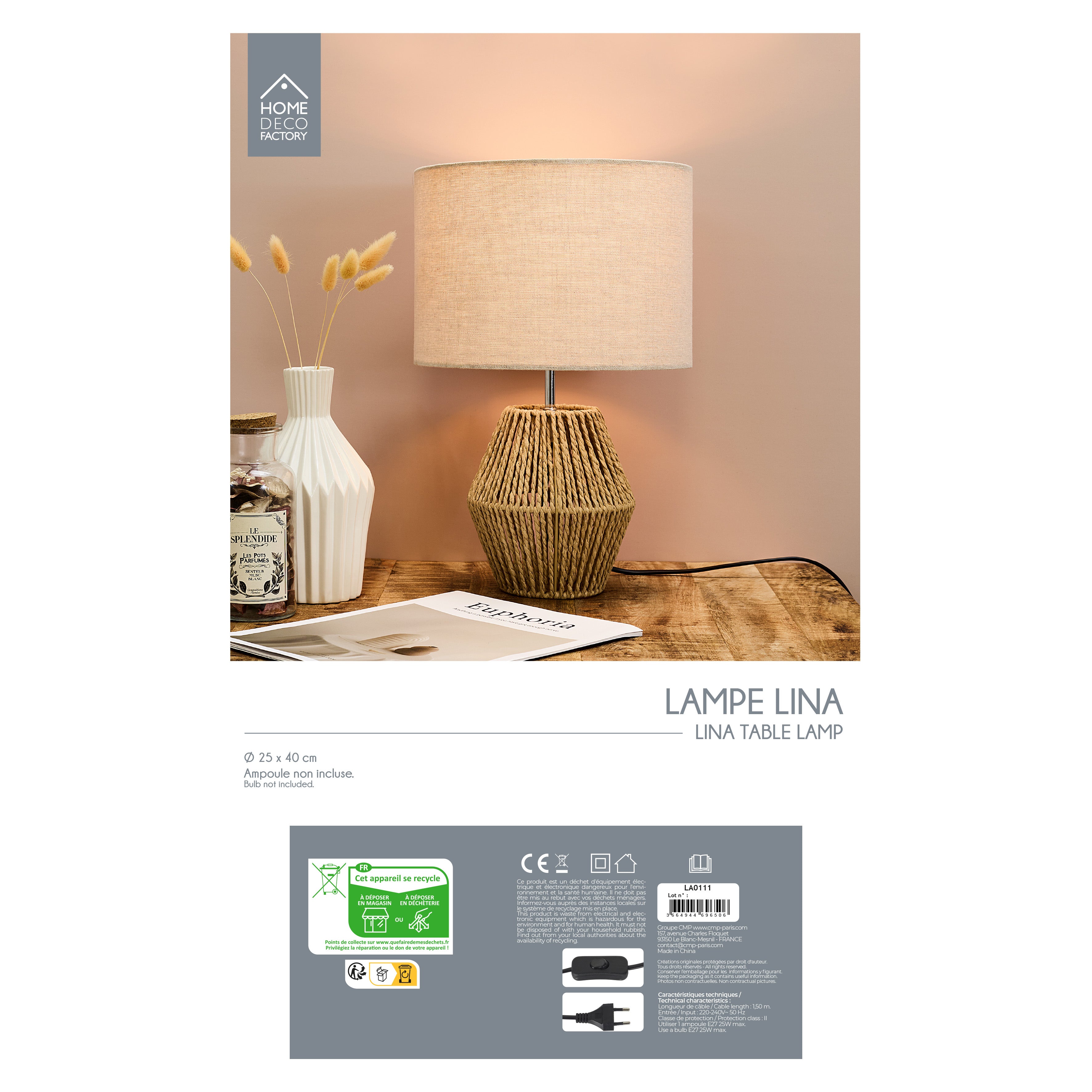 LAMPE LINA CORDE TRESSEE ABATJOUR LIN H40CM