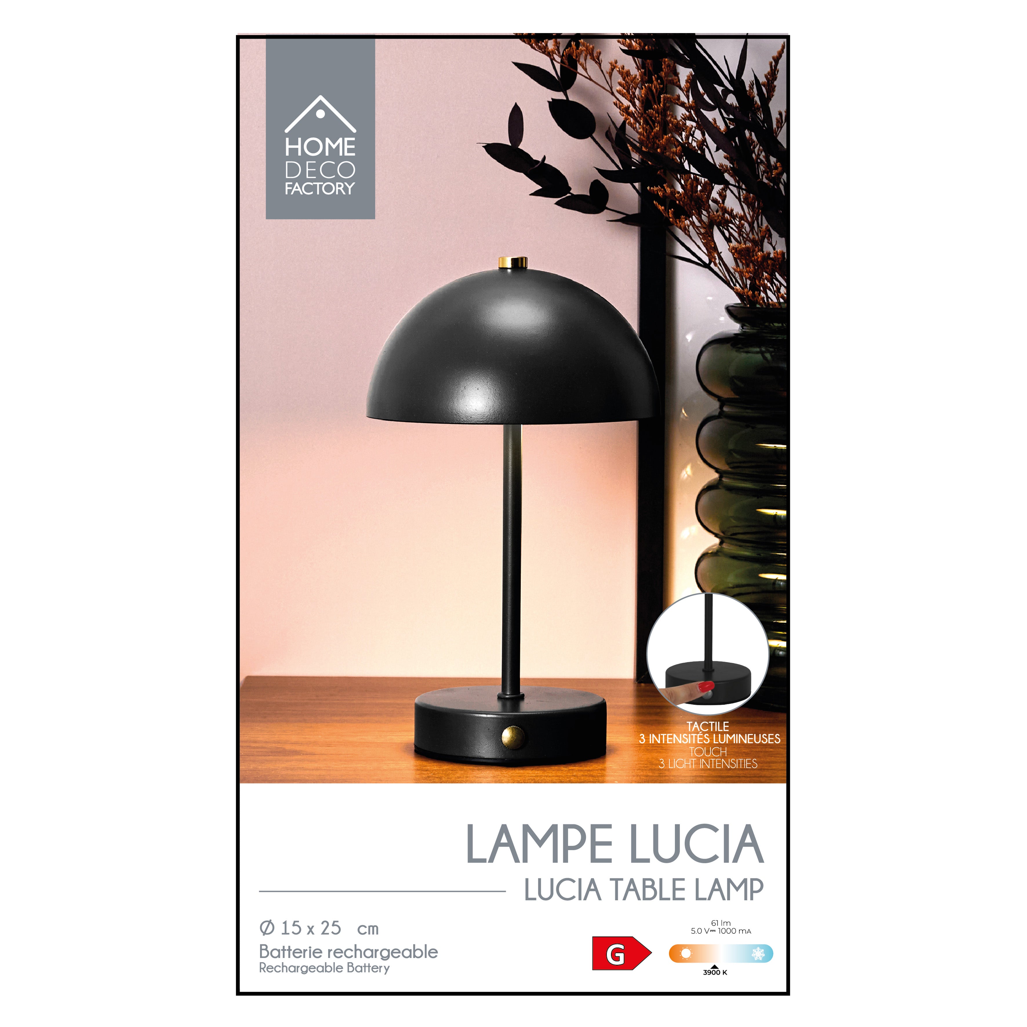 LAMPE DE TABLE LUCIA RECHARGEABLE NOIRE H26CM