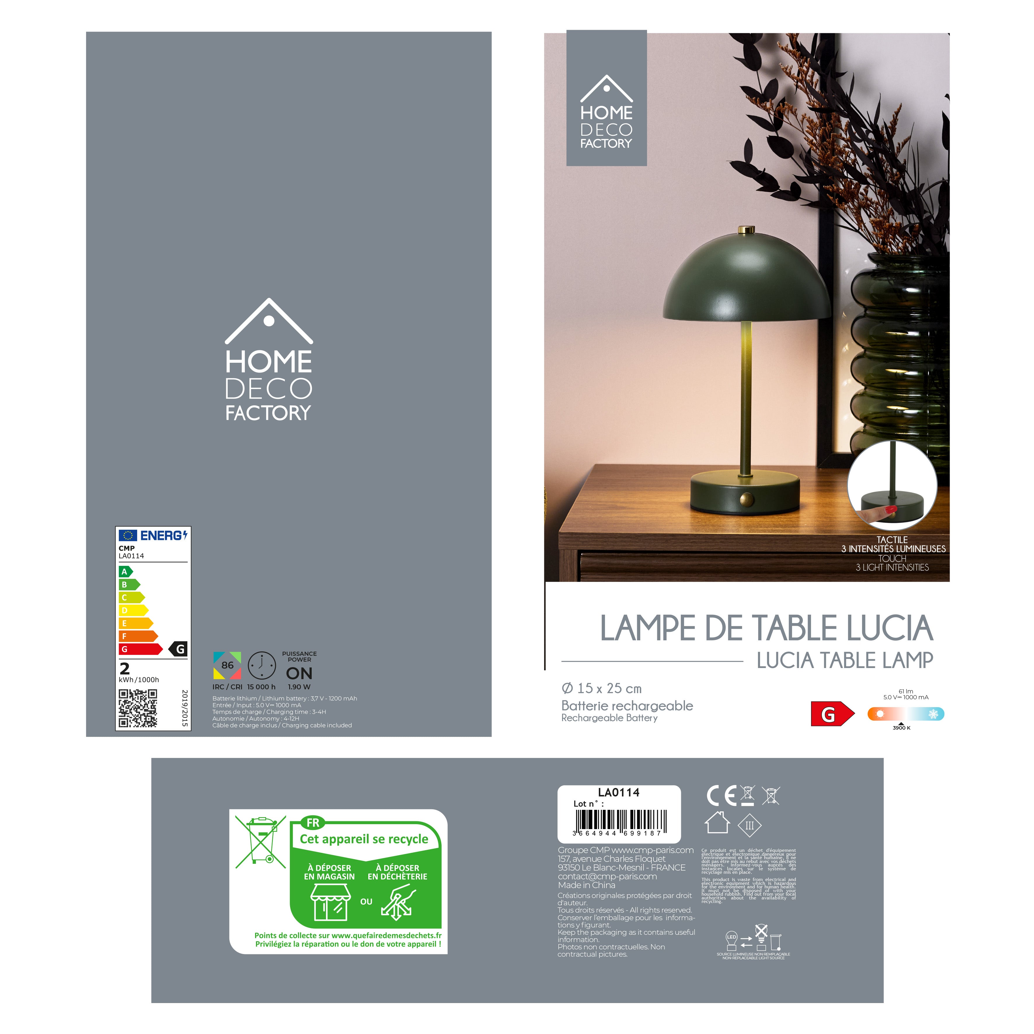 LAMPE DE TABLE LUCIA RECHARGEABLE VERT H26CM