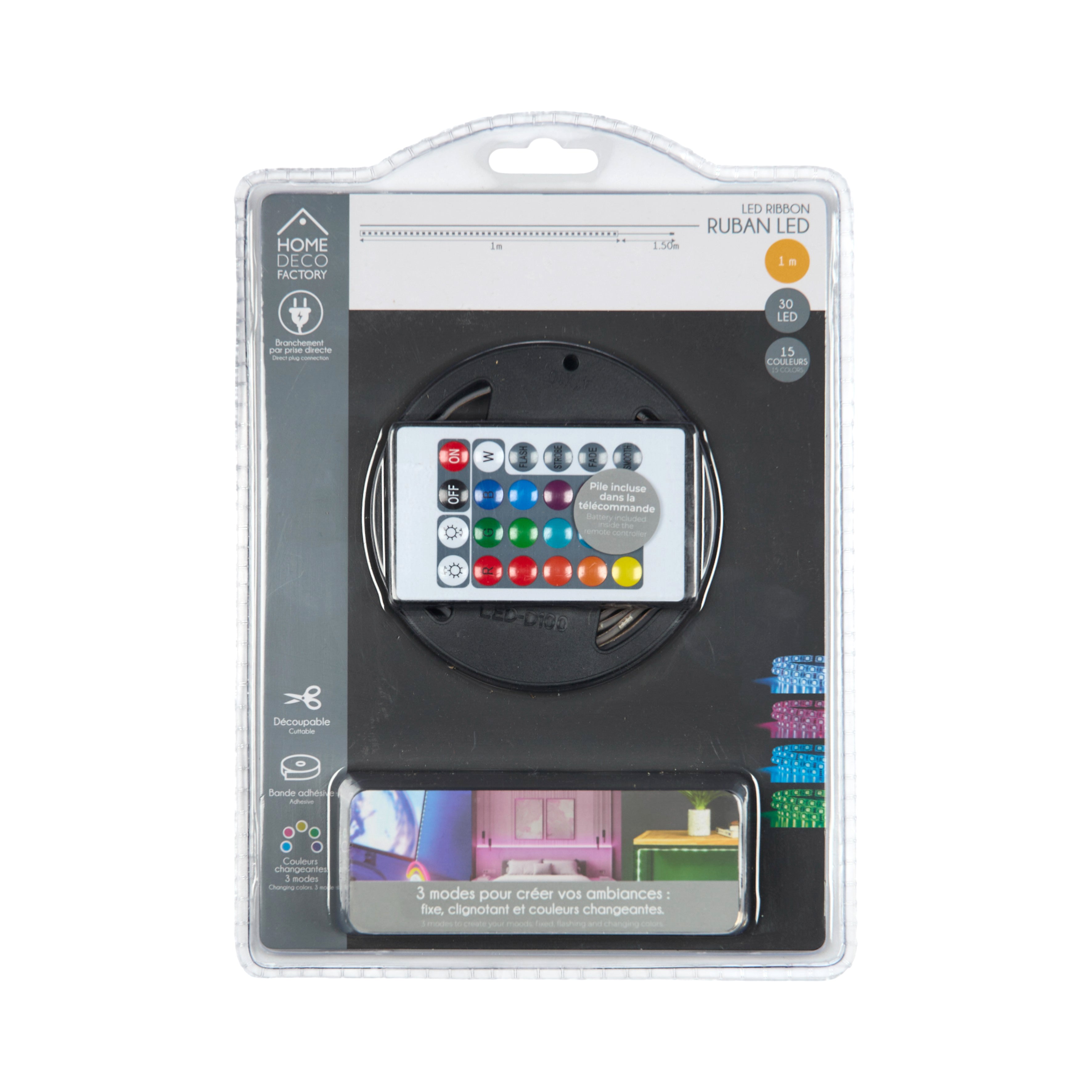 RUBAN LED SECTEUR RGB 1M BLANC ET MULTICOLORE
