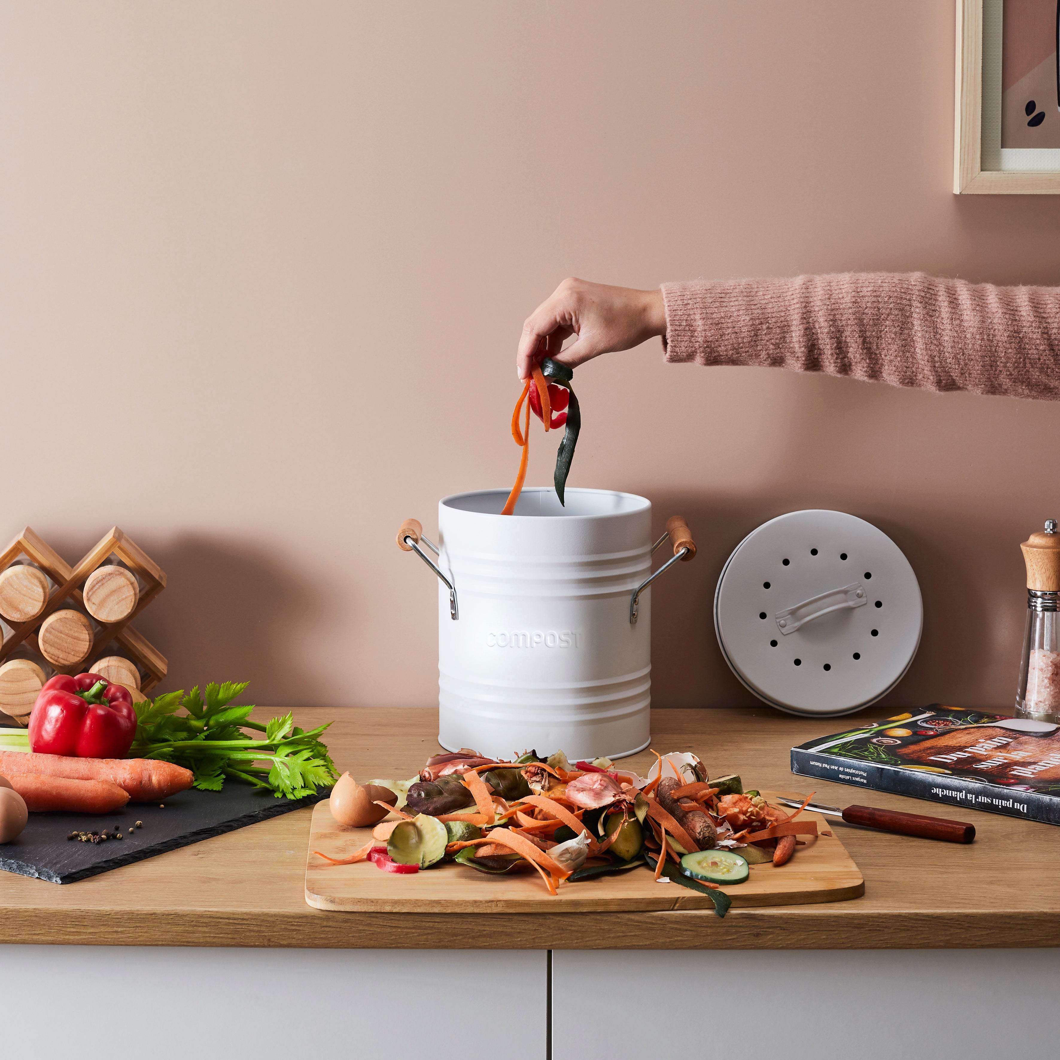 POUBELLE A COMPOST METAL COUVERCLE ET POIGNEES