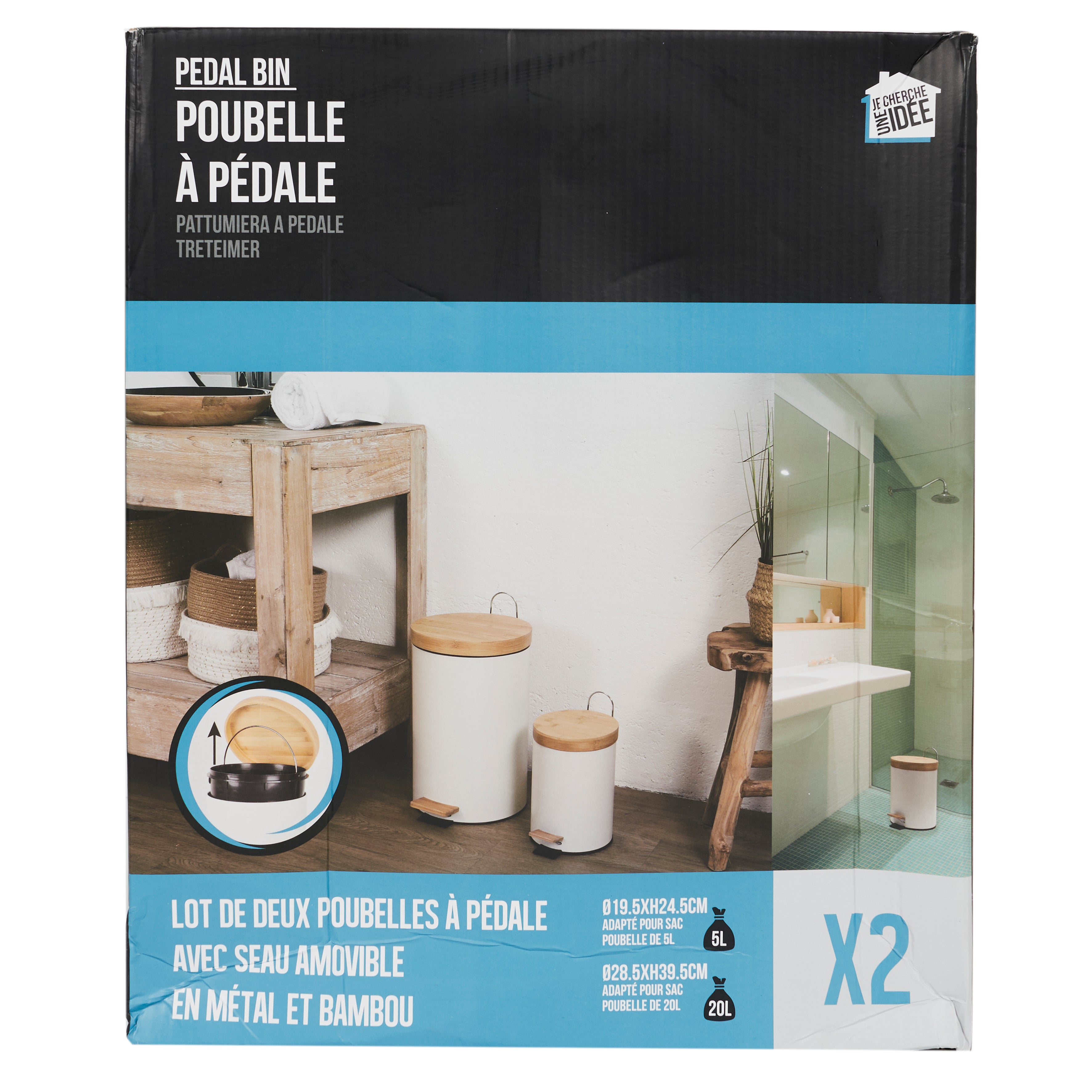 POUBELLE A PEDALE METAL ET BAMBOU BLANC X2