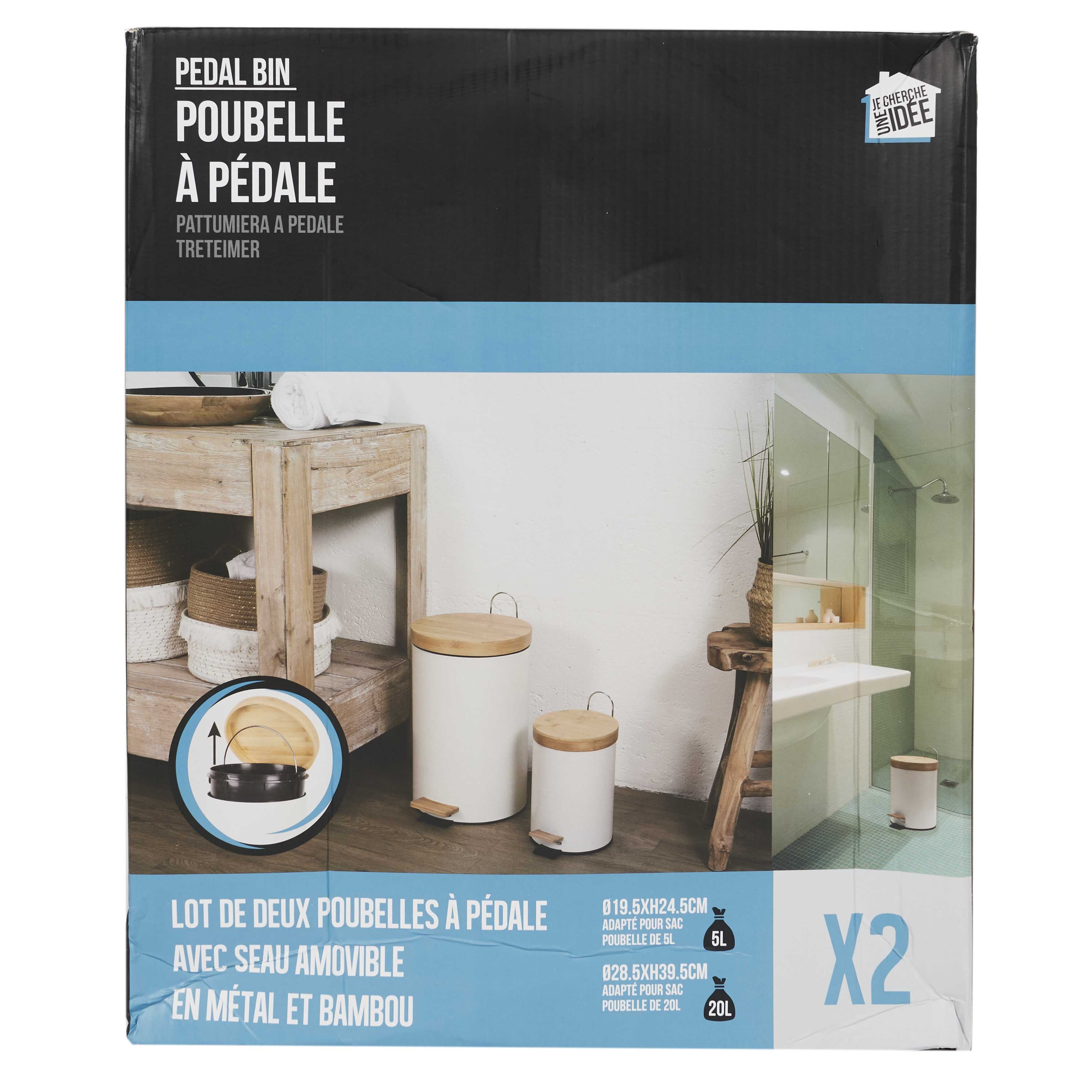 POUBELLE A PEDALE METAL ET BAMBOU BLANC X2