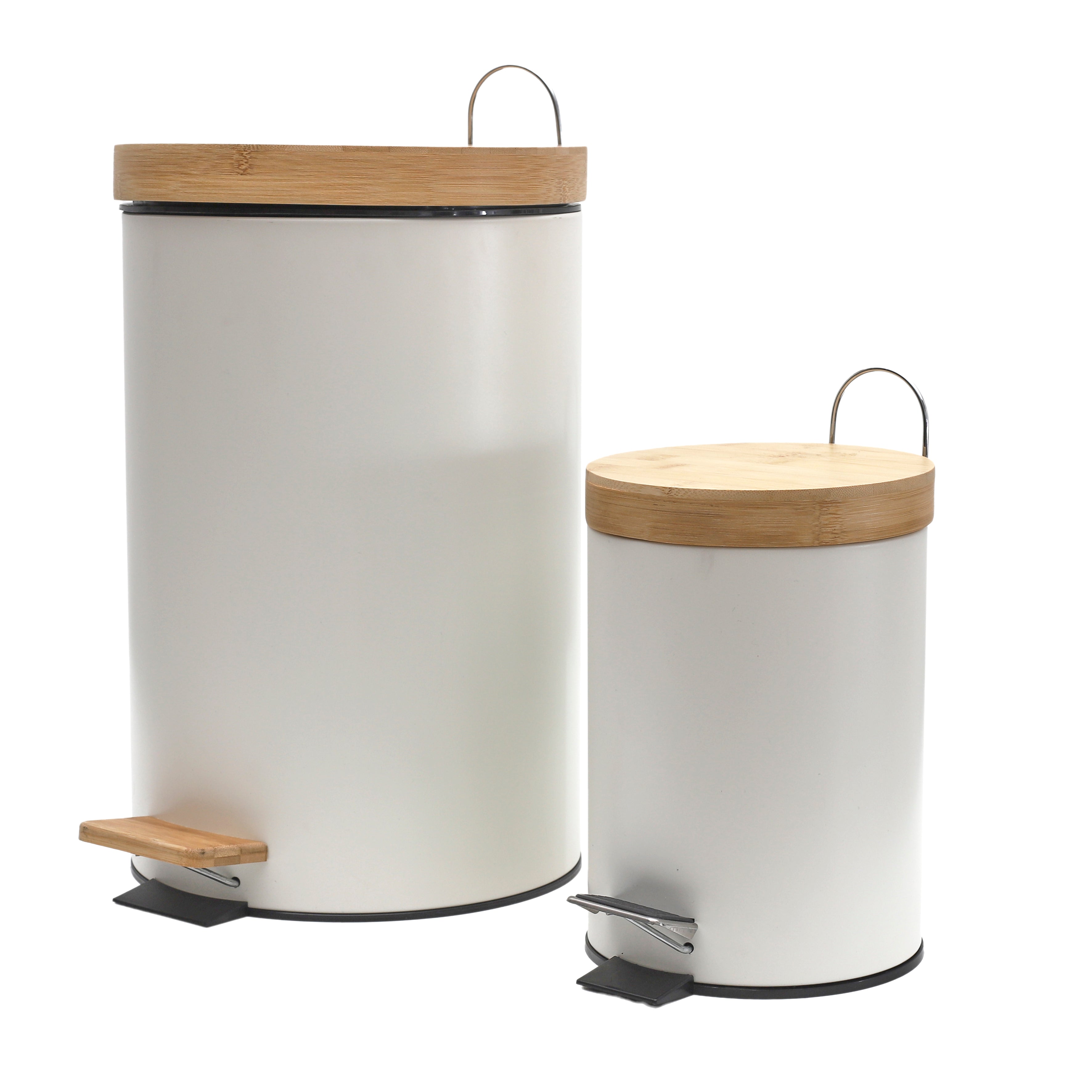 POUBELLE A PEDALE METAL ET BAMBOU BLANC X2