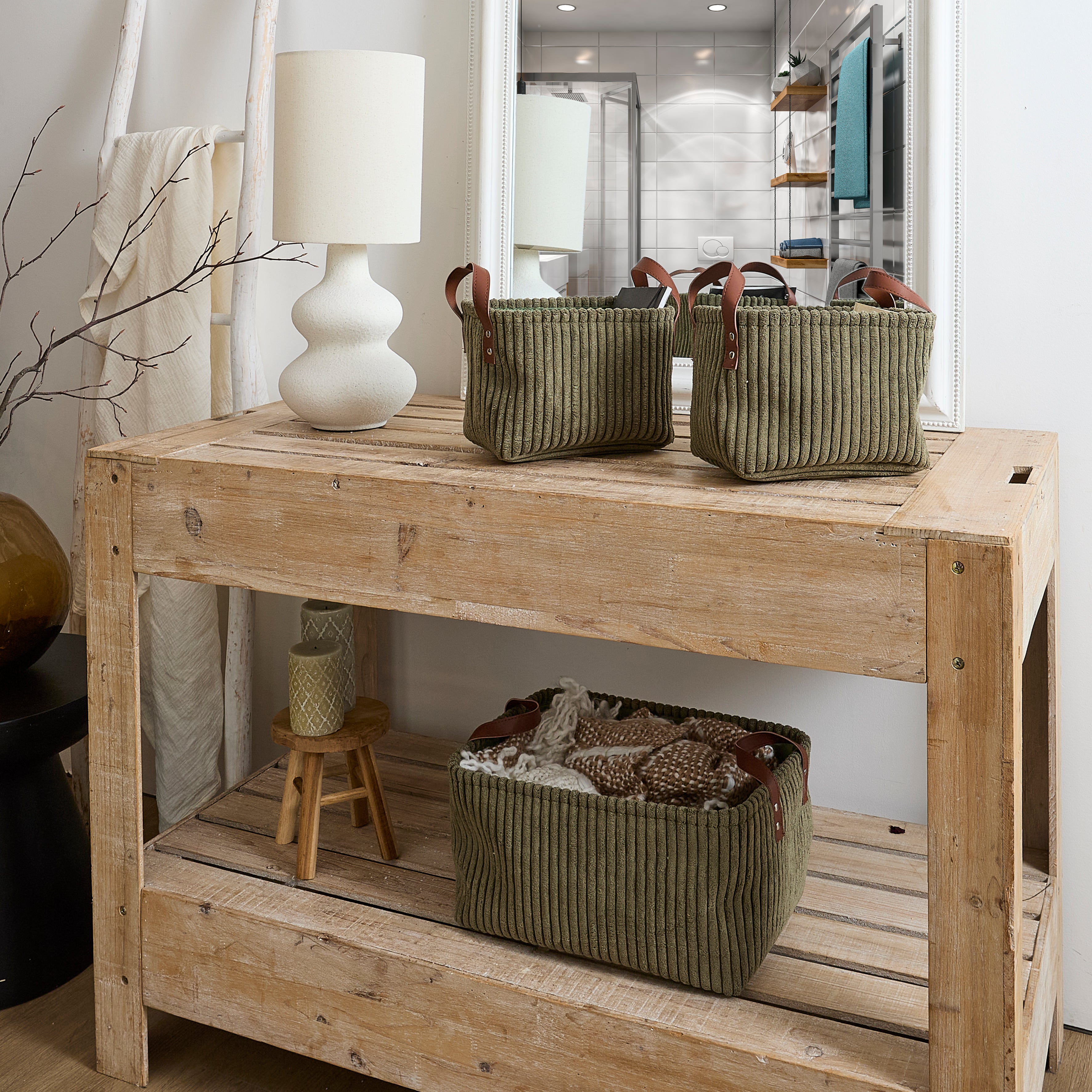 PANIER RANGEMENT VERT VELOURS COTELE X3 H20CM
