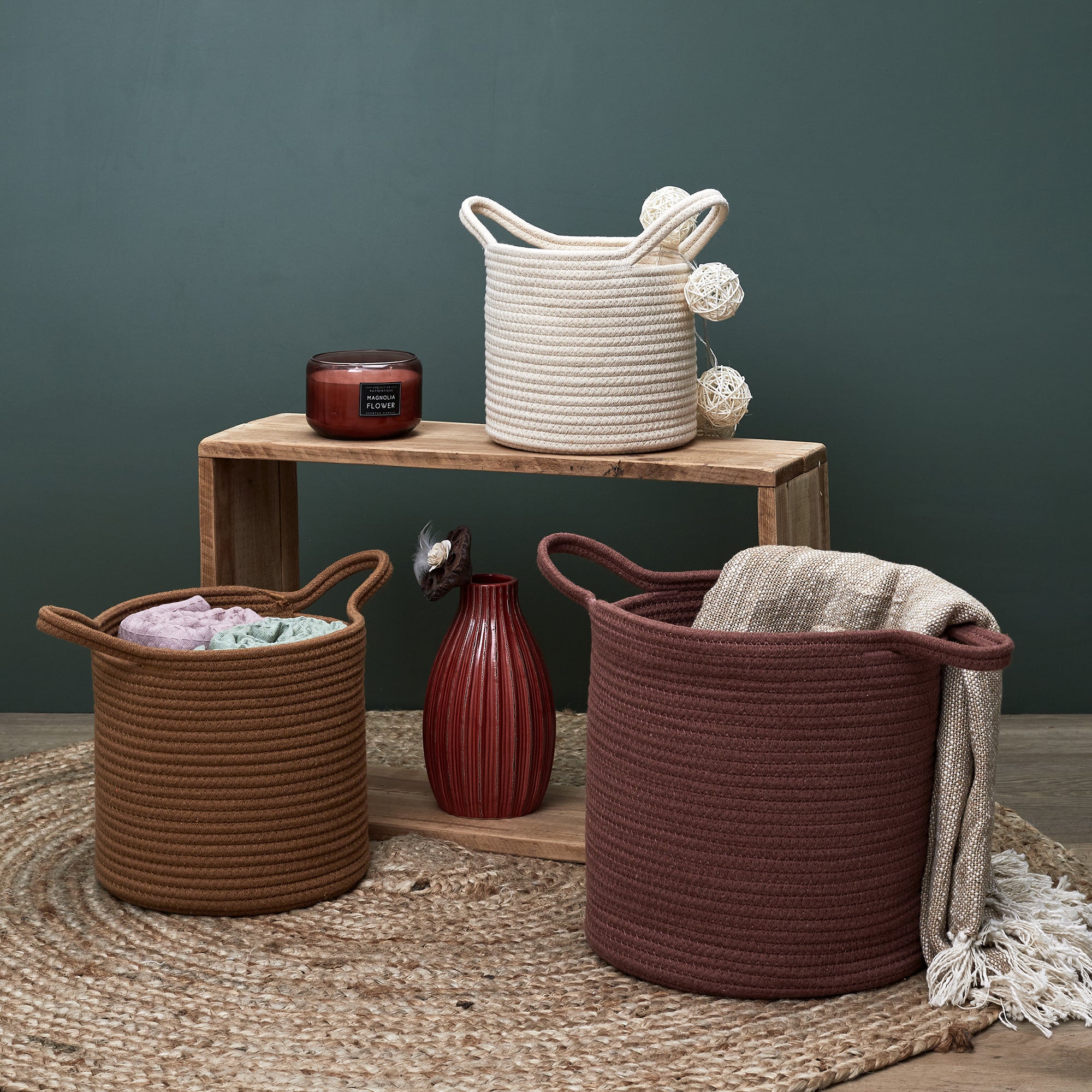 PANIER COTON TERRACOTTA OCRE IVOIRE X3