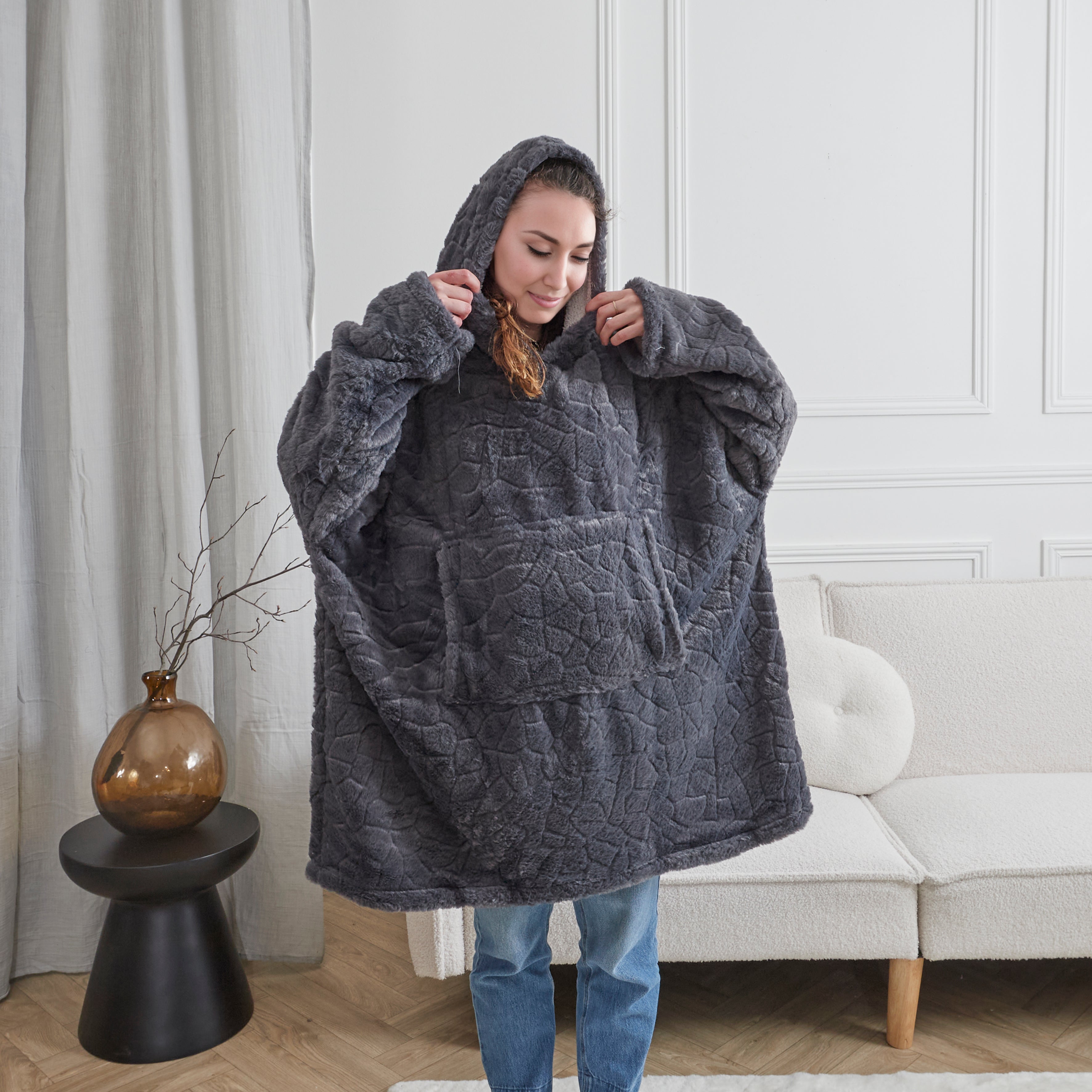 SWEAT PLAID FAUSSE FOURRURE GRIS FONCE