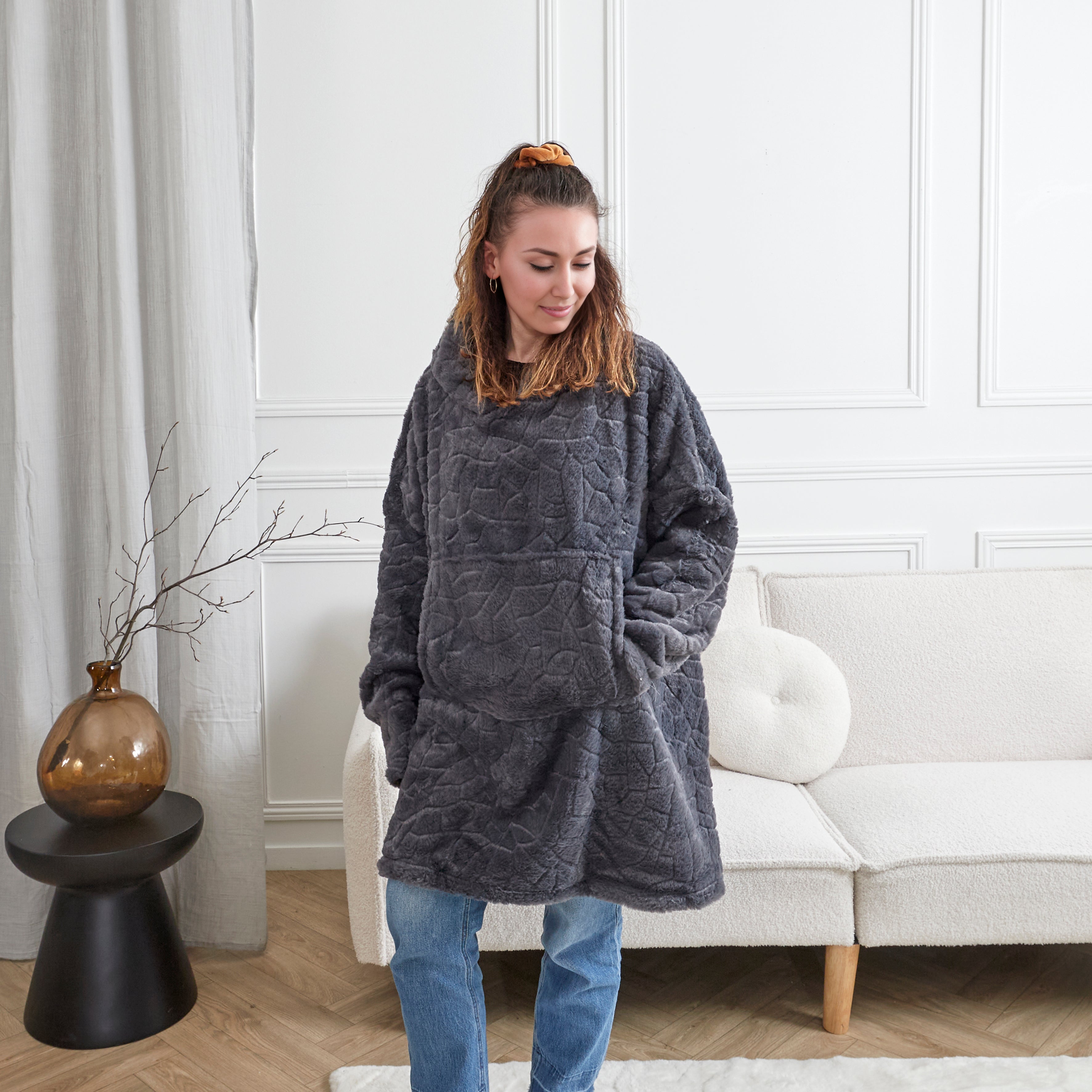 SWEAT PLAID FAUSSE FOURRURE GRIS FONCE