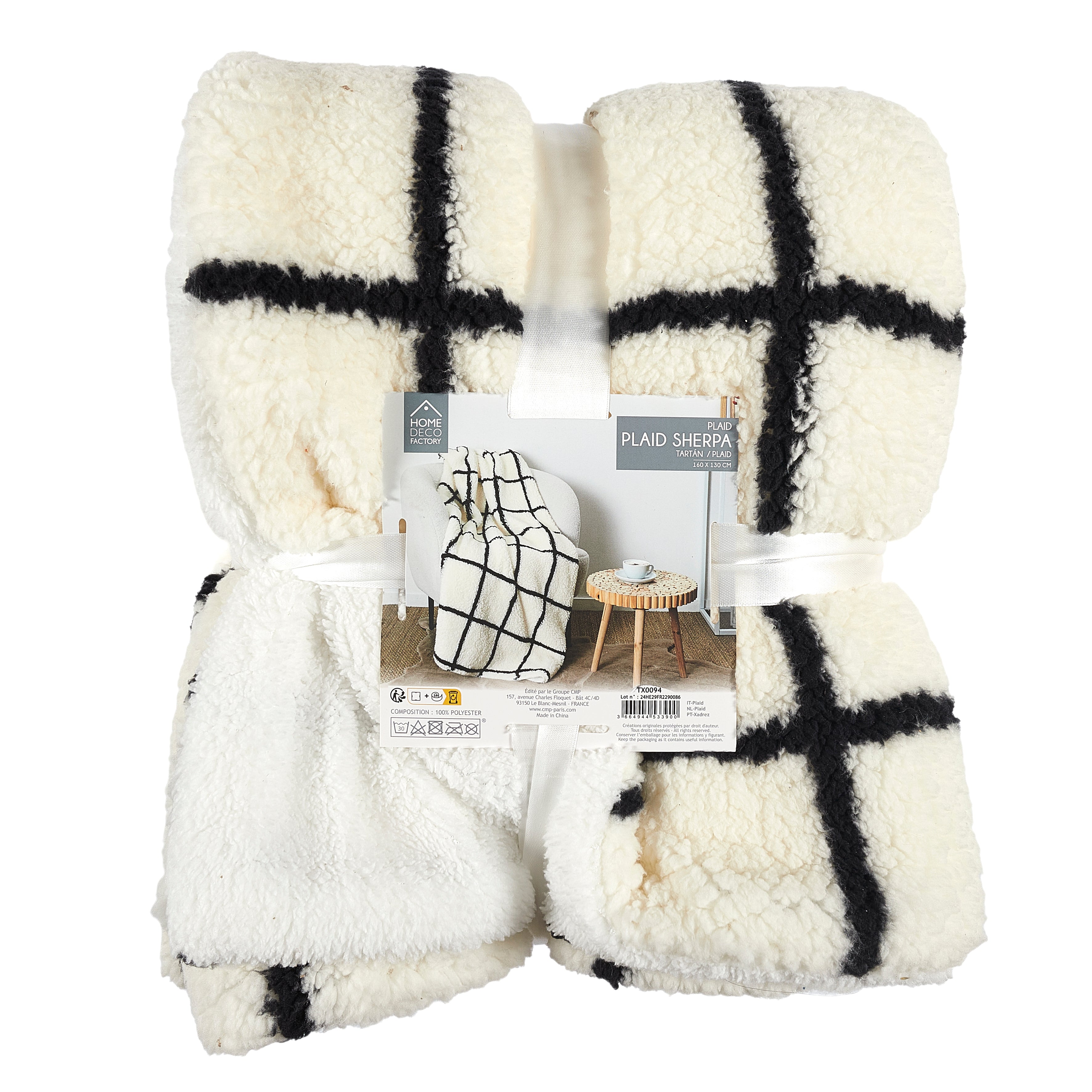 PLAID SHERPA BLANC CARREAUX NOIR 130X160CM