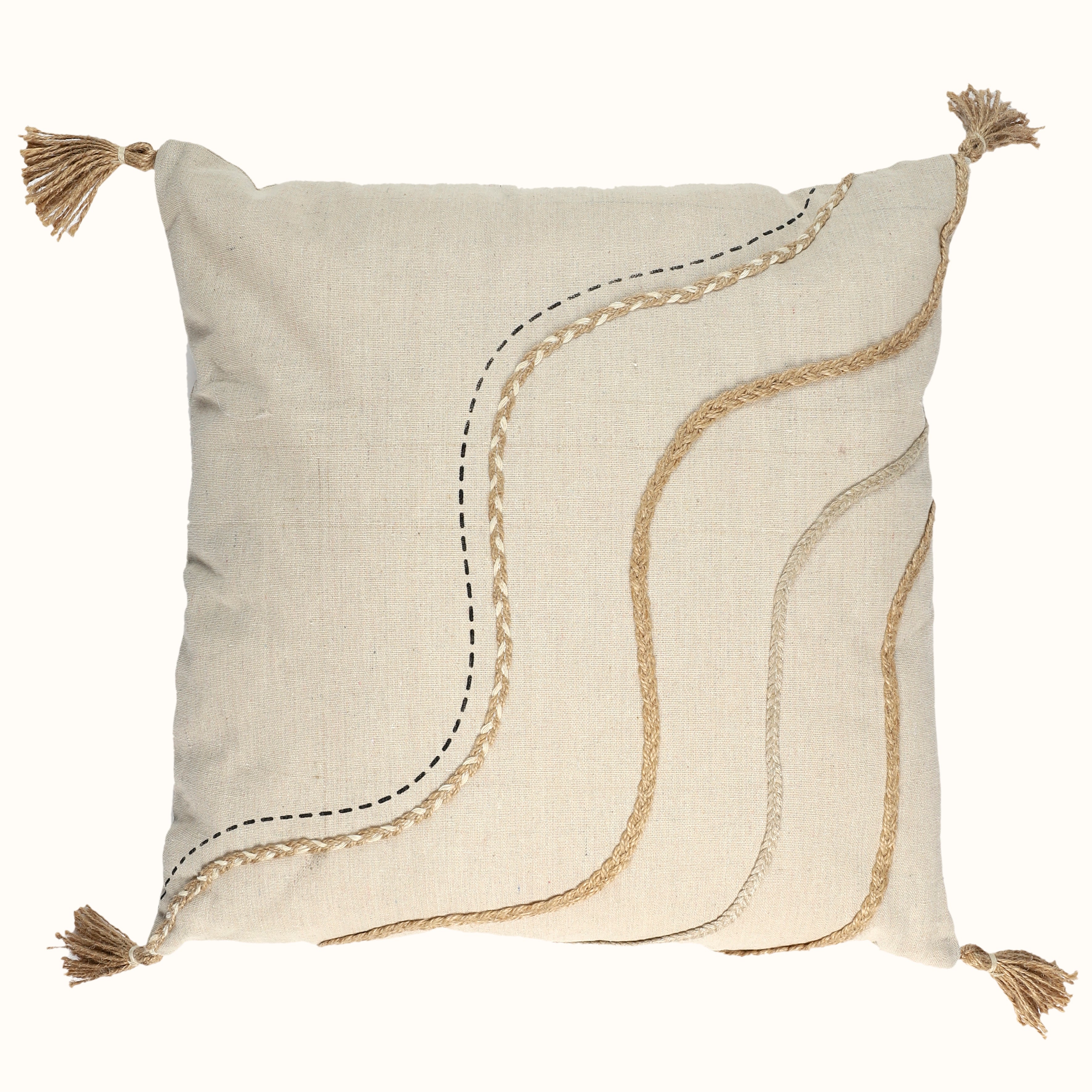 COUSSIN BEIGE ET BLANC A POMPONS 40X40CM