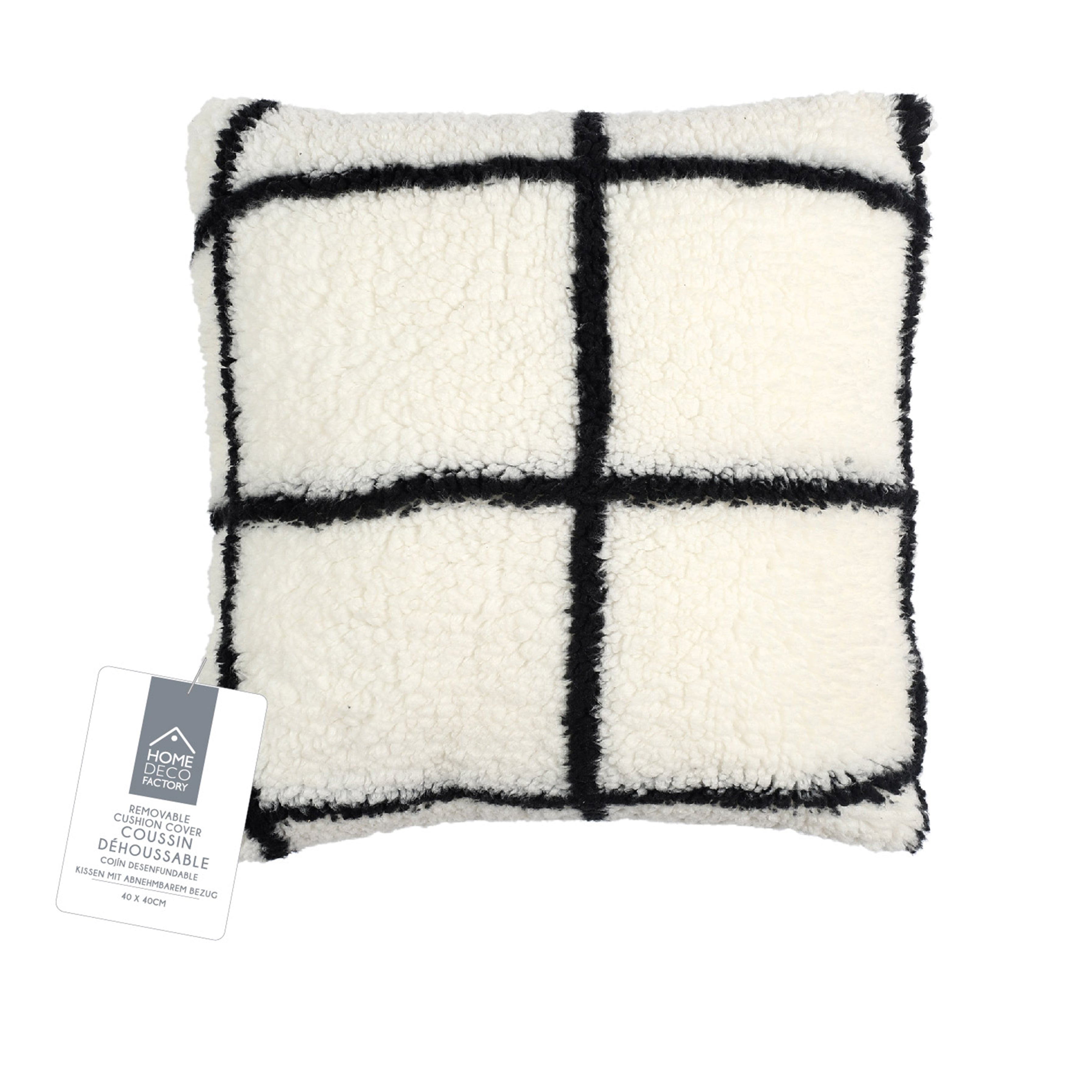 COUSSIN SHERPA BLANC CARREAUX NOIR 40X40CM