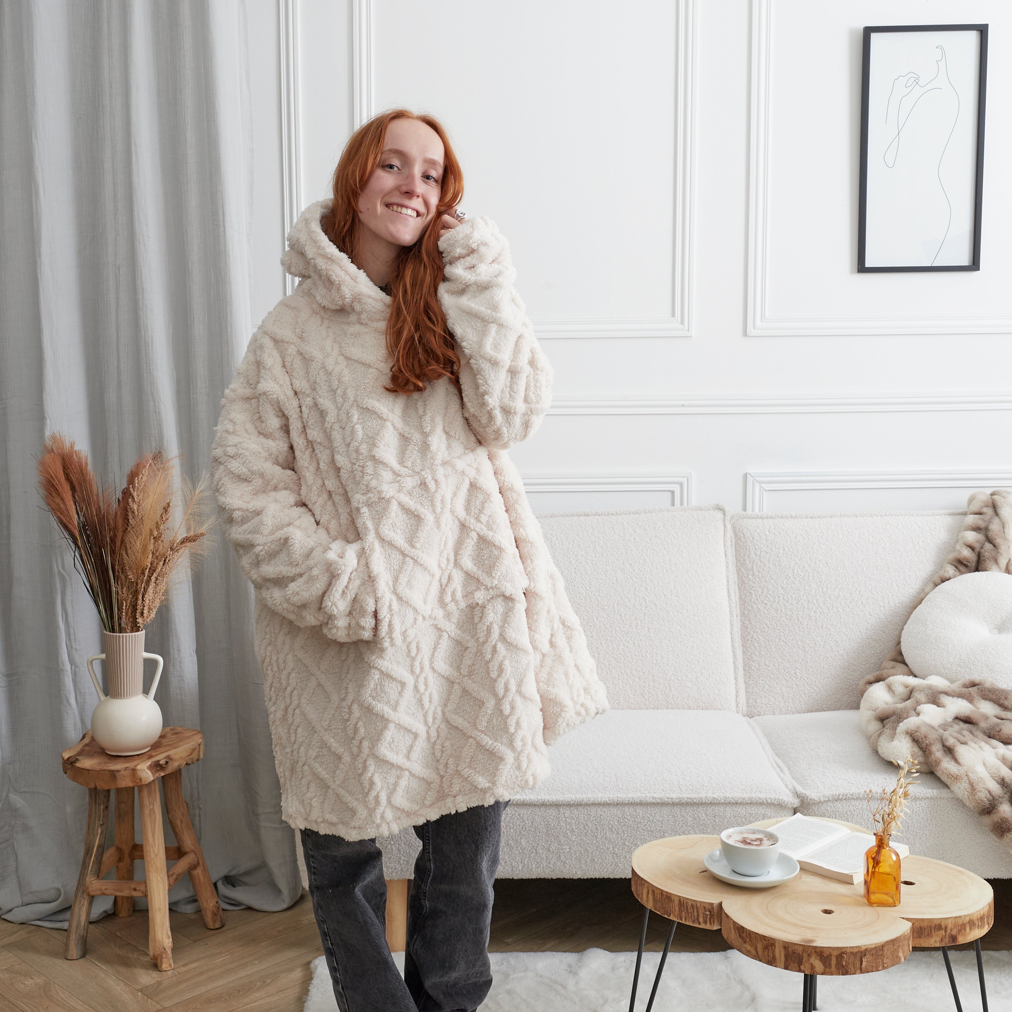SWEAT PLAID JACQUARD DETAIL SHERPA CREME