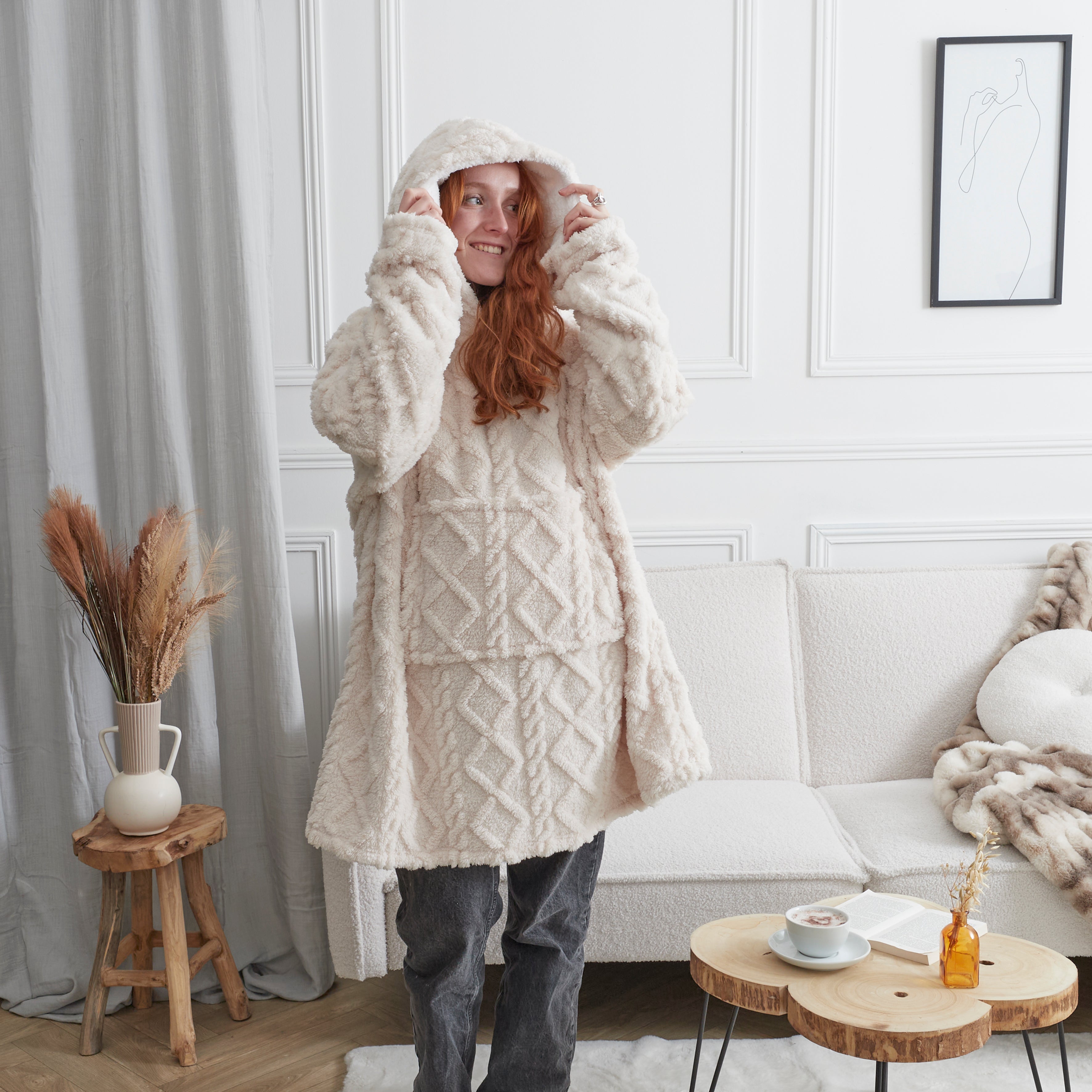 SWEAT PLAID JACQUARD DETAIL SHERPA CREME