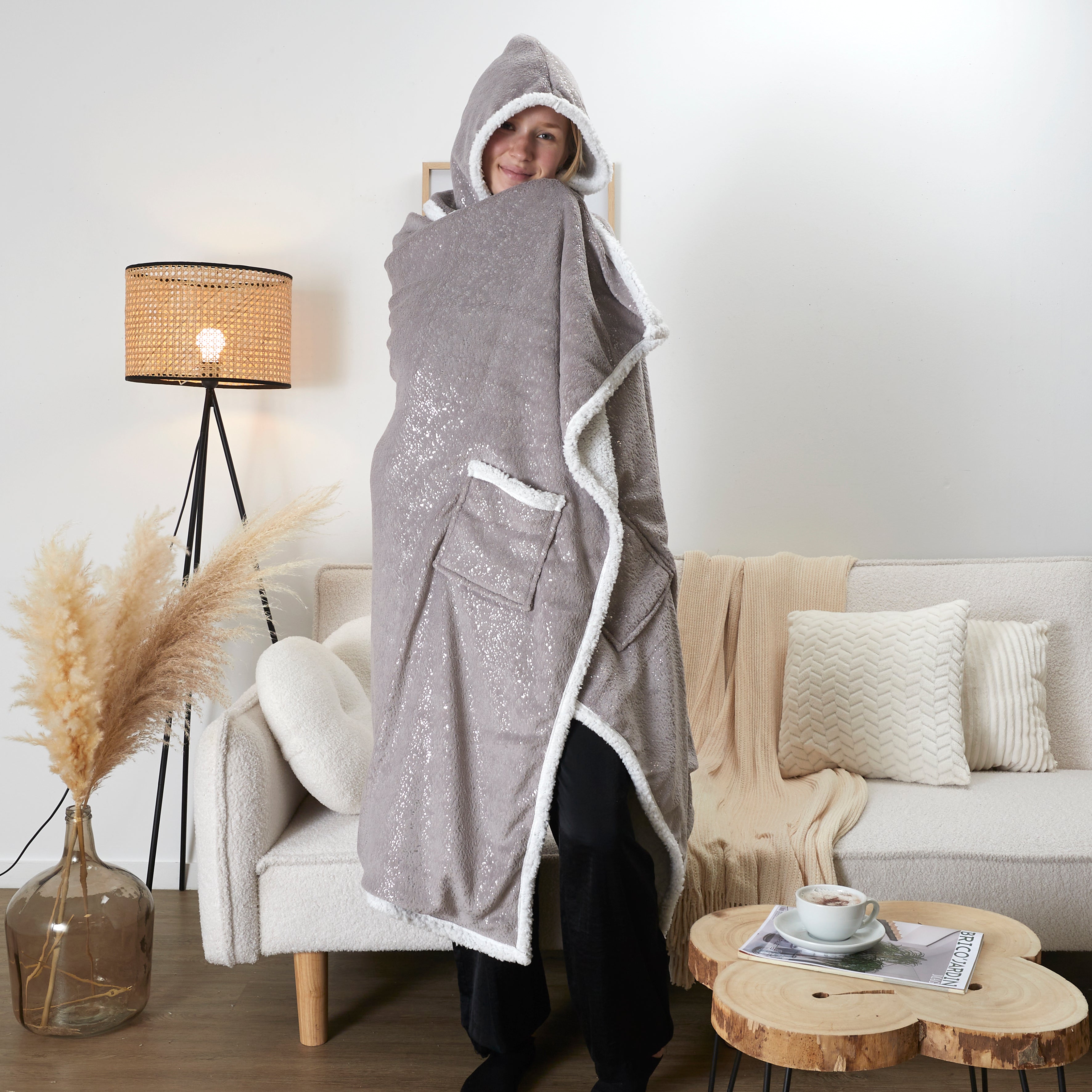 SWEAT PONCHO GRIS PRINTE INT SHERPA