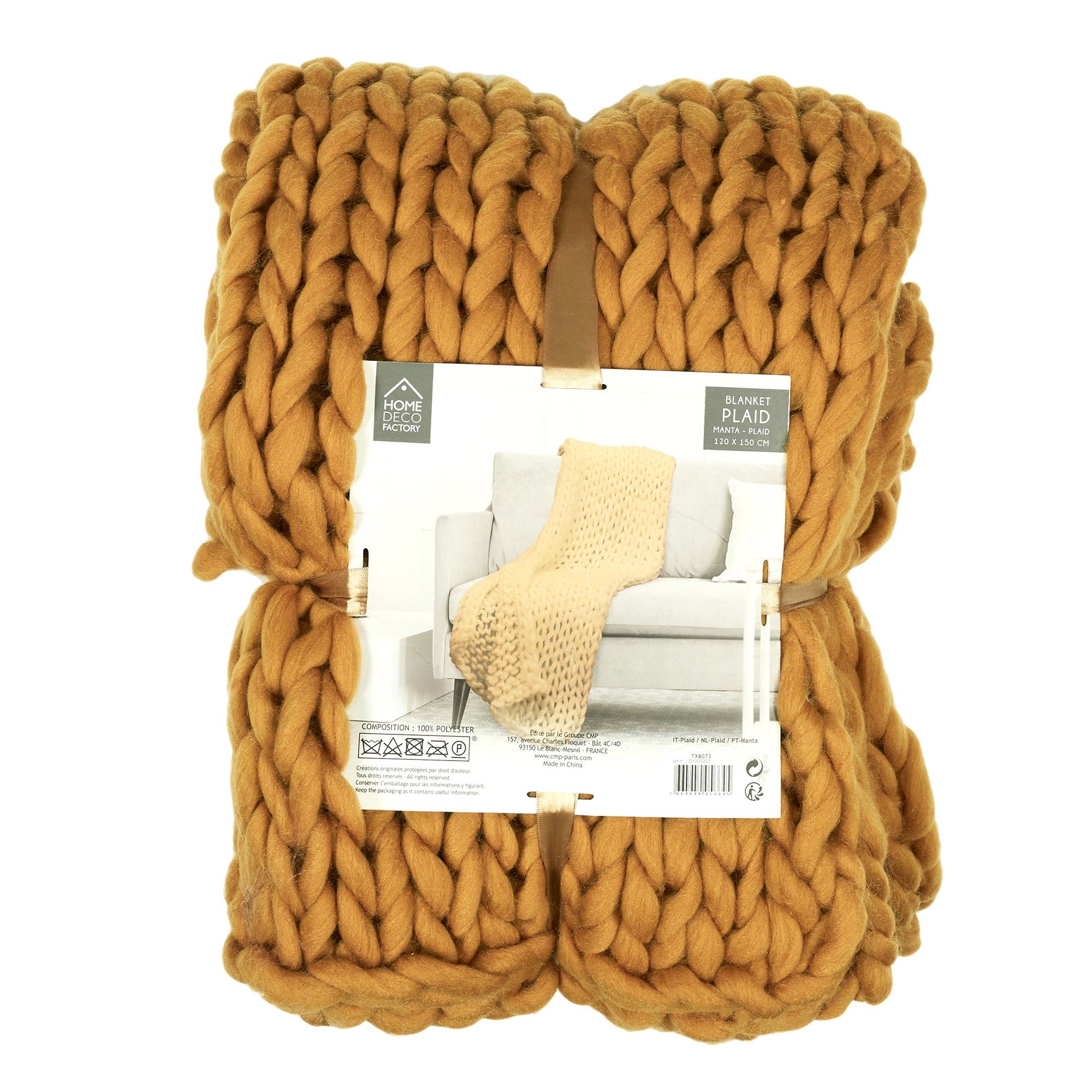 PLAID GROSSE MAILLE CHUNKY JAUNE 120X150CM