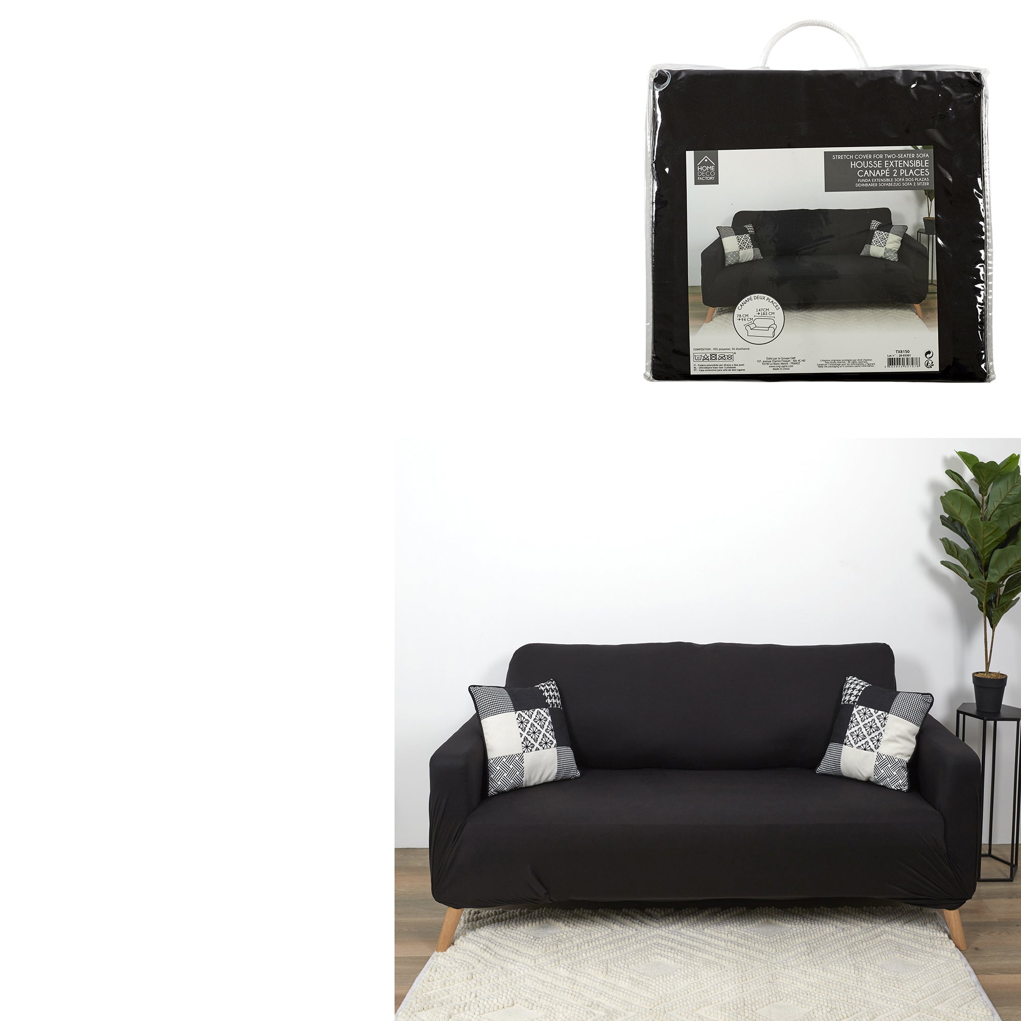 HOUSSE EXTENSIBLE CANAPE DEUX PLACES NOIR