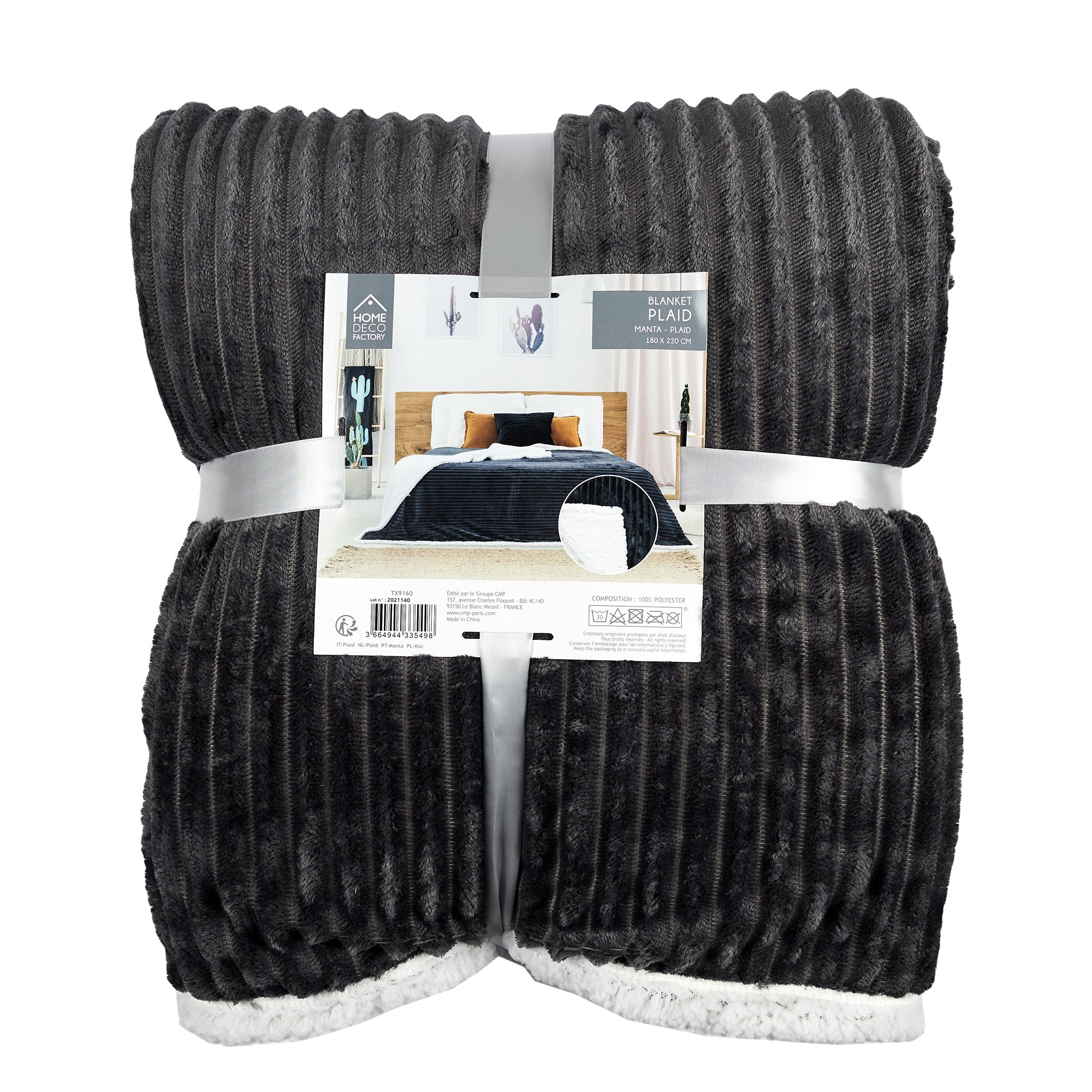 PLAID FLANELLE COTELE SHERPA GRIS 180X220CM
