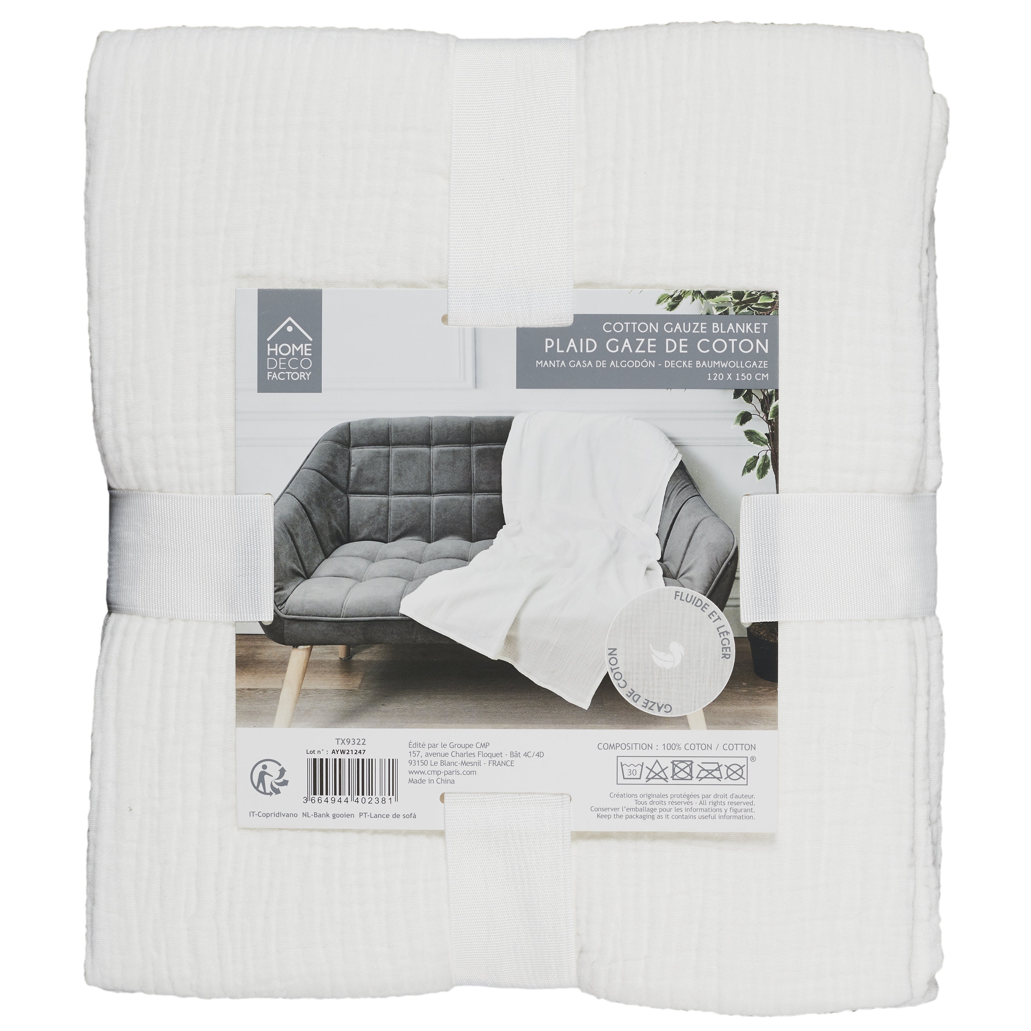 PLAID JETE GAZE DE COTON BLANC CRAIE 120X150CM