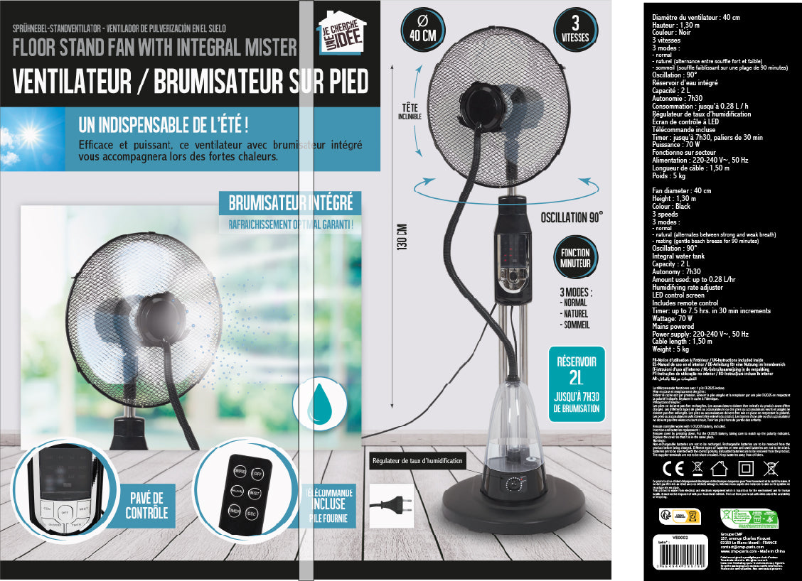 VENTILATEUR BRUMISATEUR 40CM TELECOMMANDE