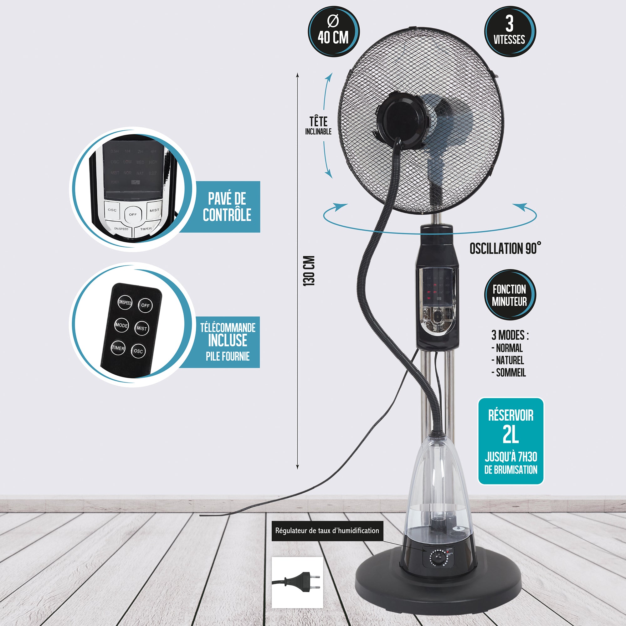 VENTILATEUR BRUMISATEUR 40CM TELECOMMANDE