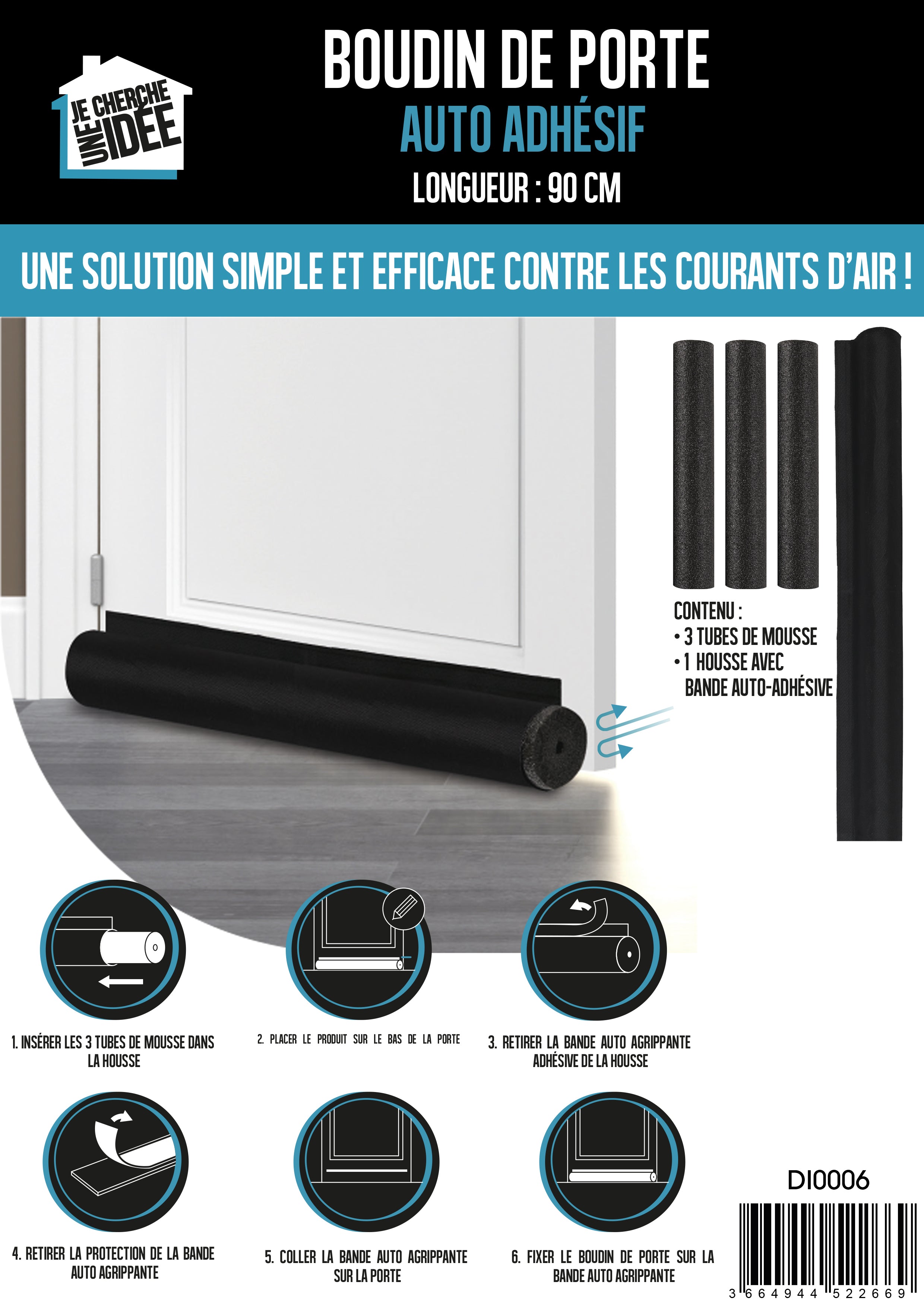 BOUDIN DE PORTE AUTO ADHESIF 90CM