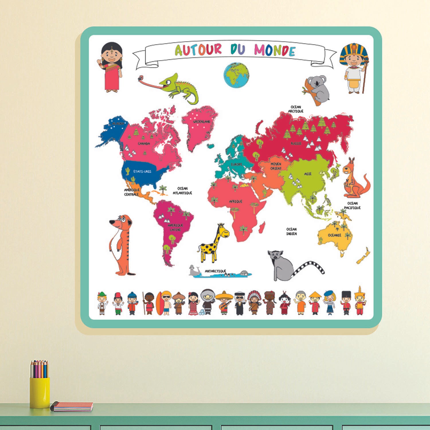 CARTE DU MONDE A COLORIER 50X50CM ET 5 FEUTRES