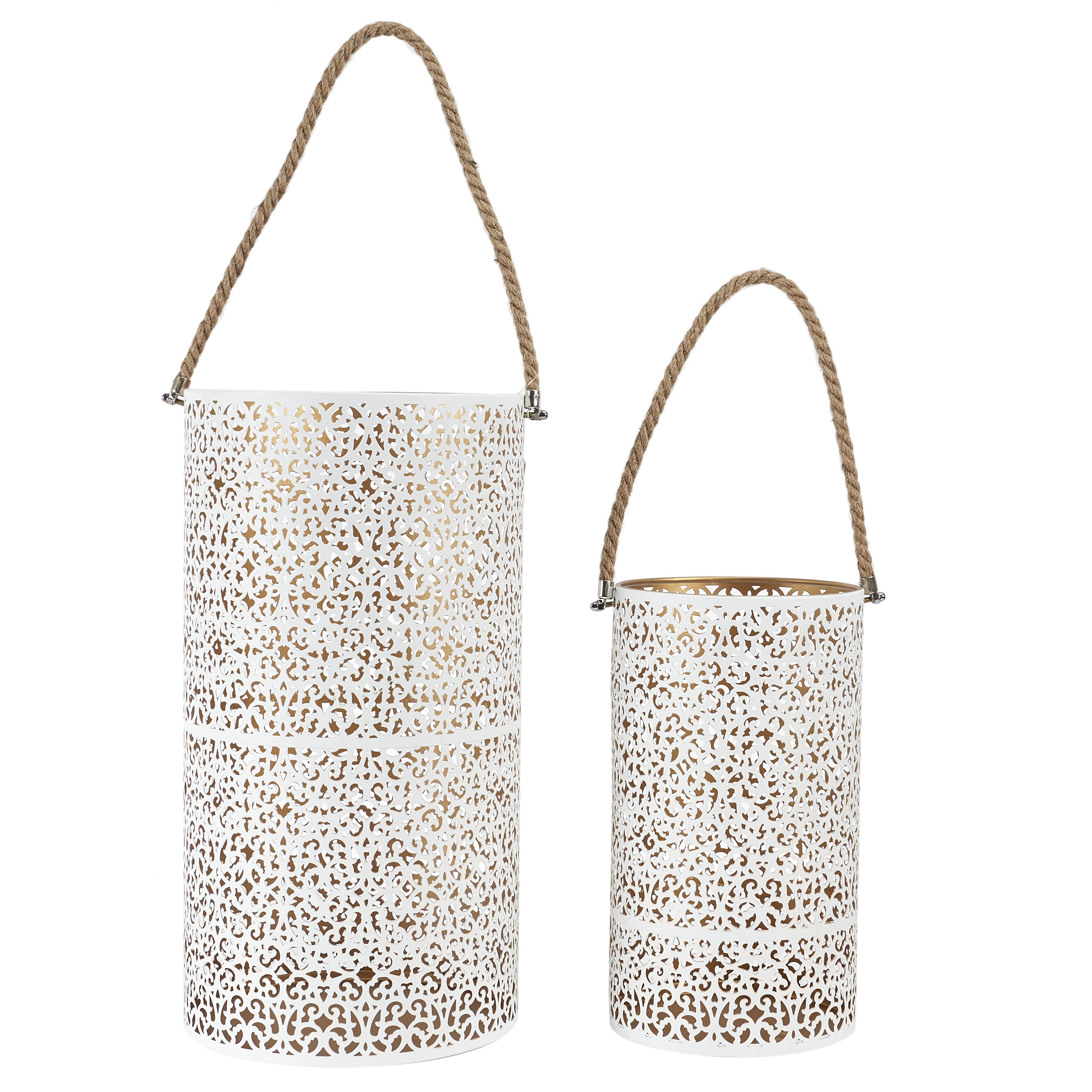 LANTERNE METAL AJOURE BLANC DORE X2
