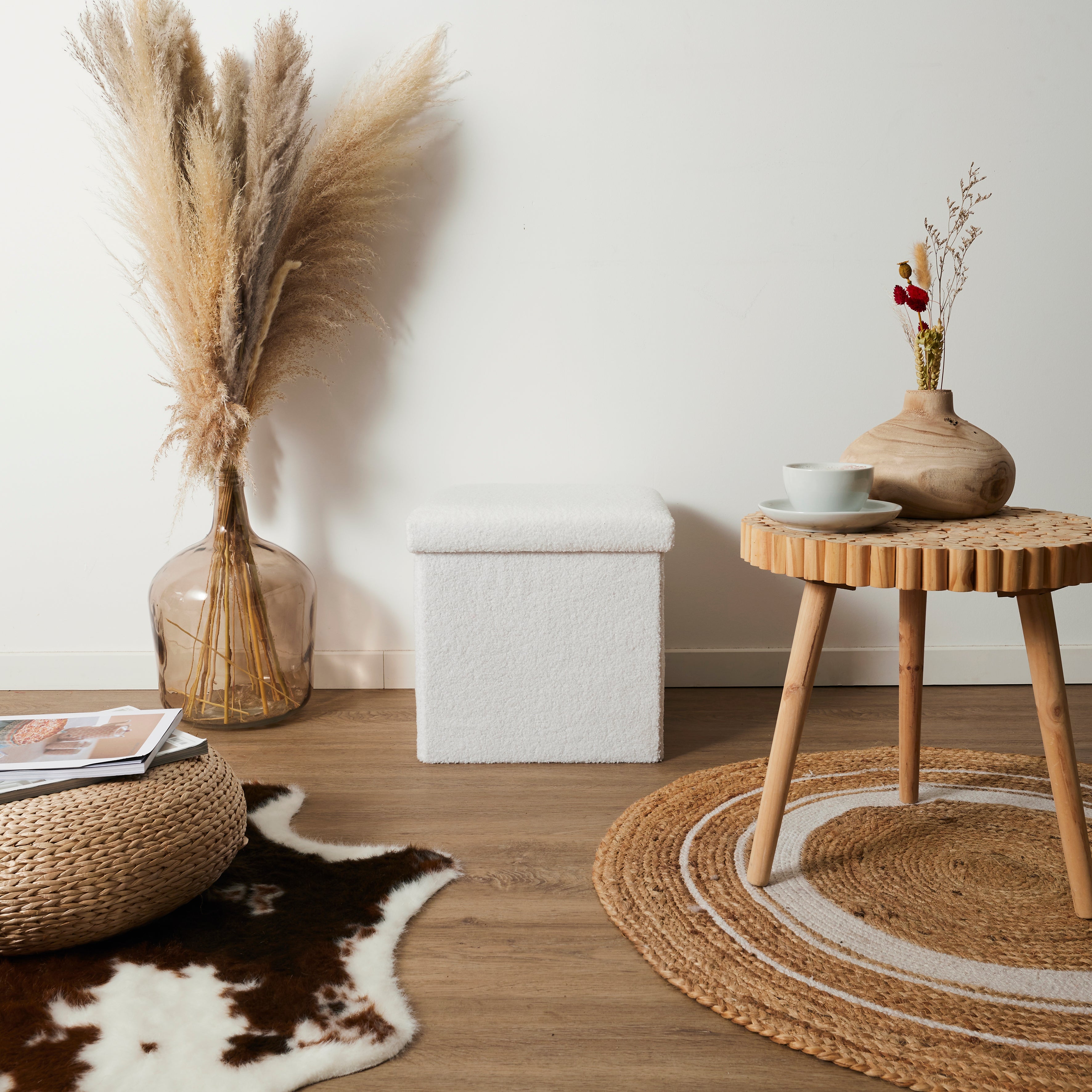 COFFRE POUF PLIABLE BOUCLETTE BLANC