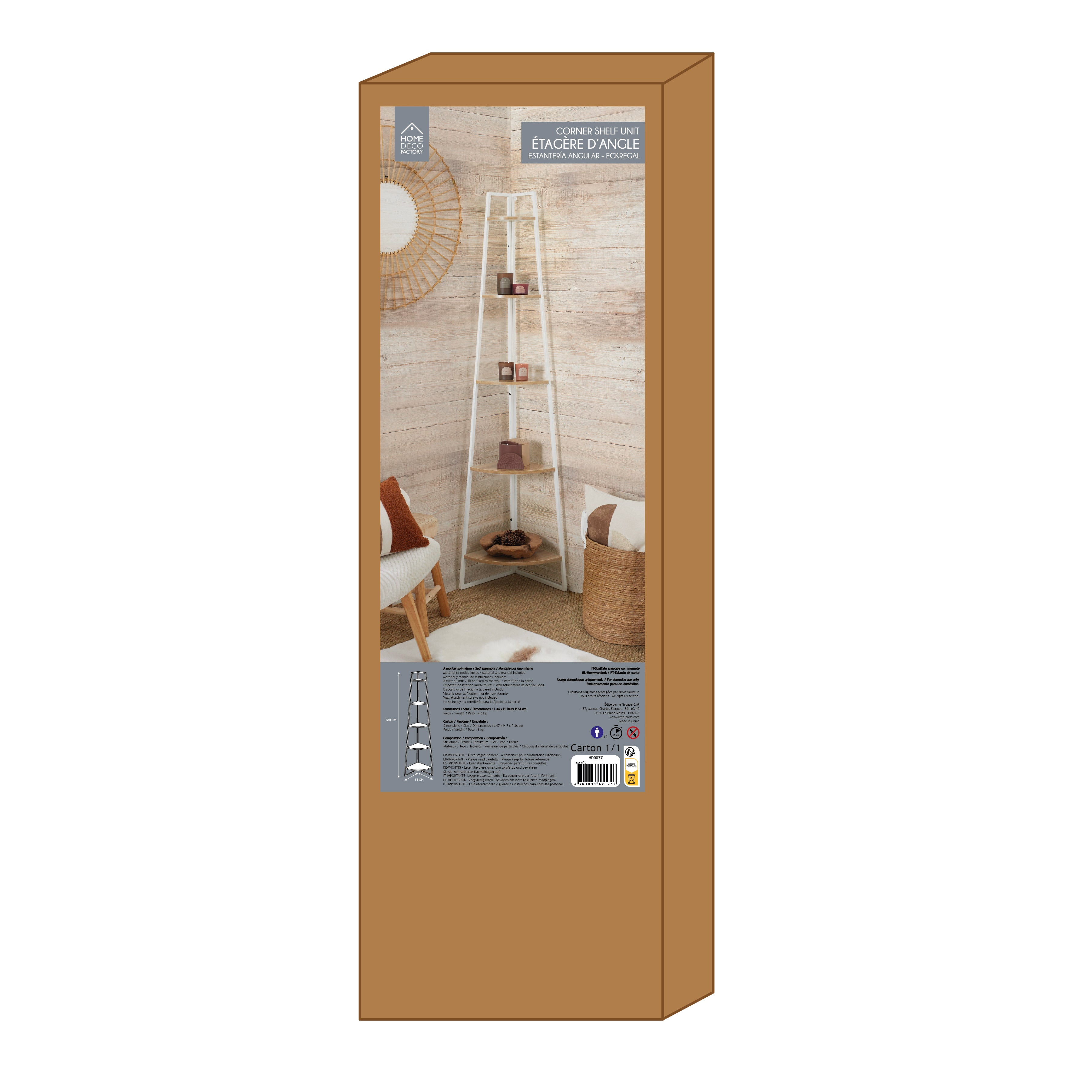 ETAGERE ANGLE 5 NIVEAUX BOIS ET METAL BLANC