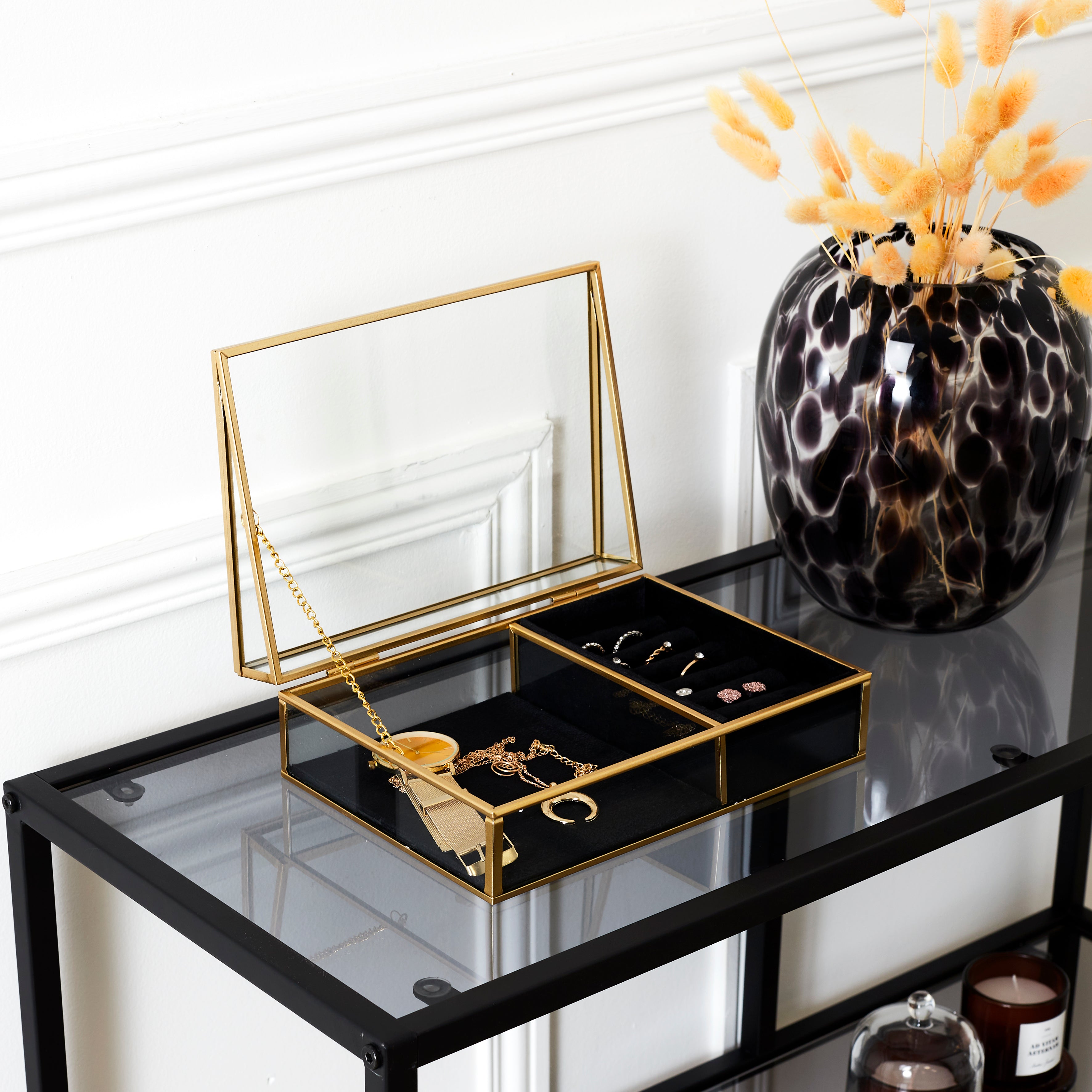 BOITE A BIJOUX VERRE ET VELOURS NOIR