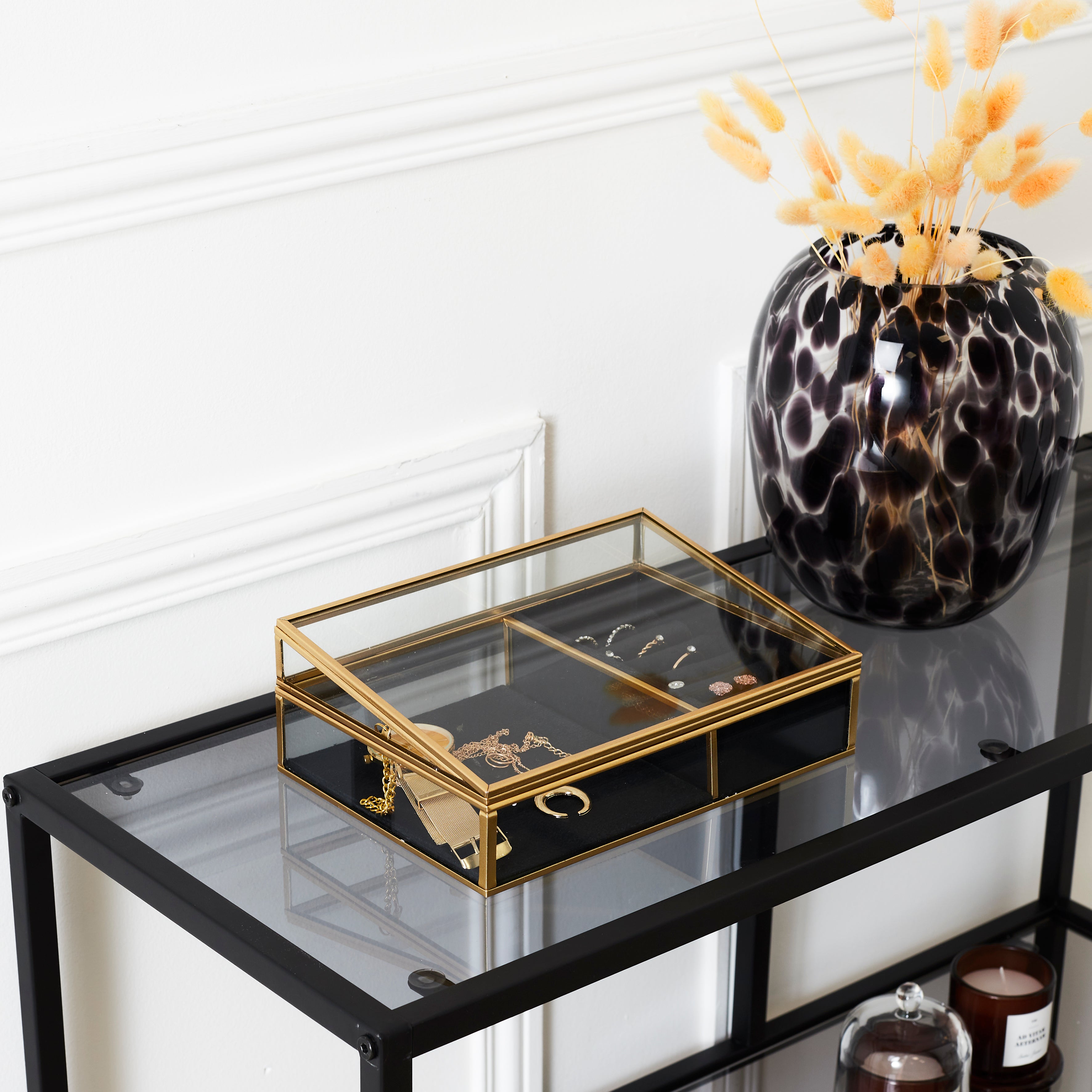 BOITE A BIJOUX VERRE ET VELOURS NOIR