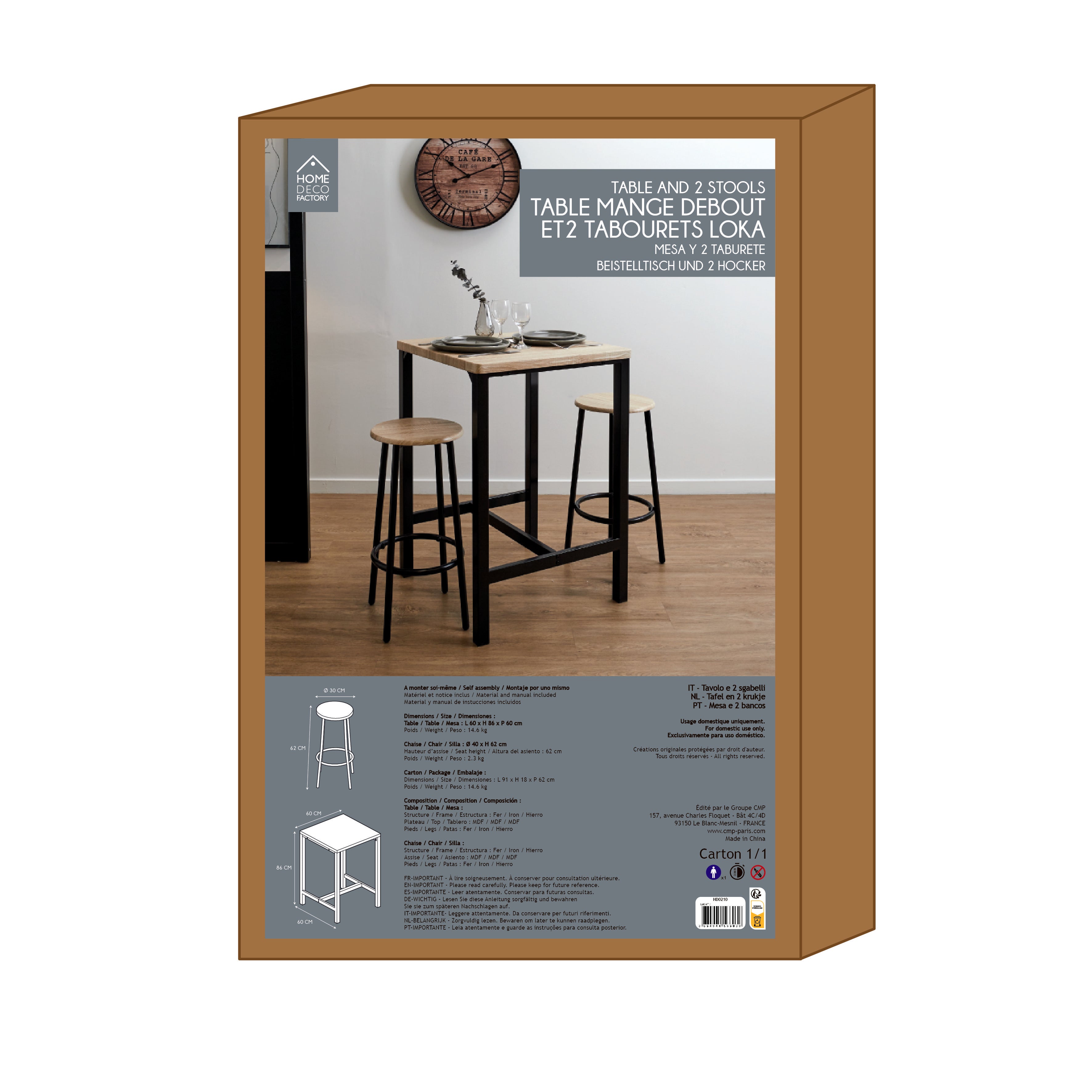 TABLE MANGE DEBOUT ET 2 TABOURETS LOKA