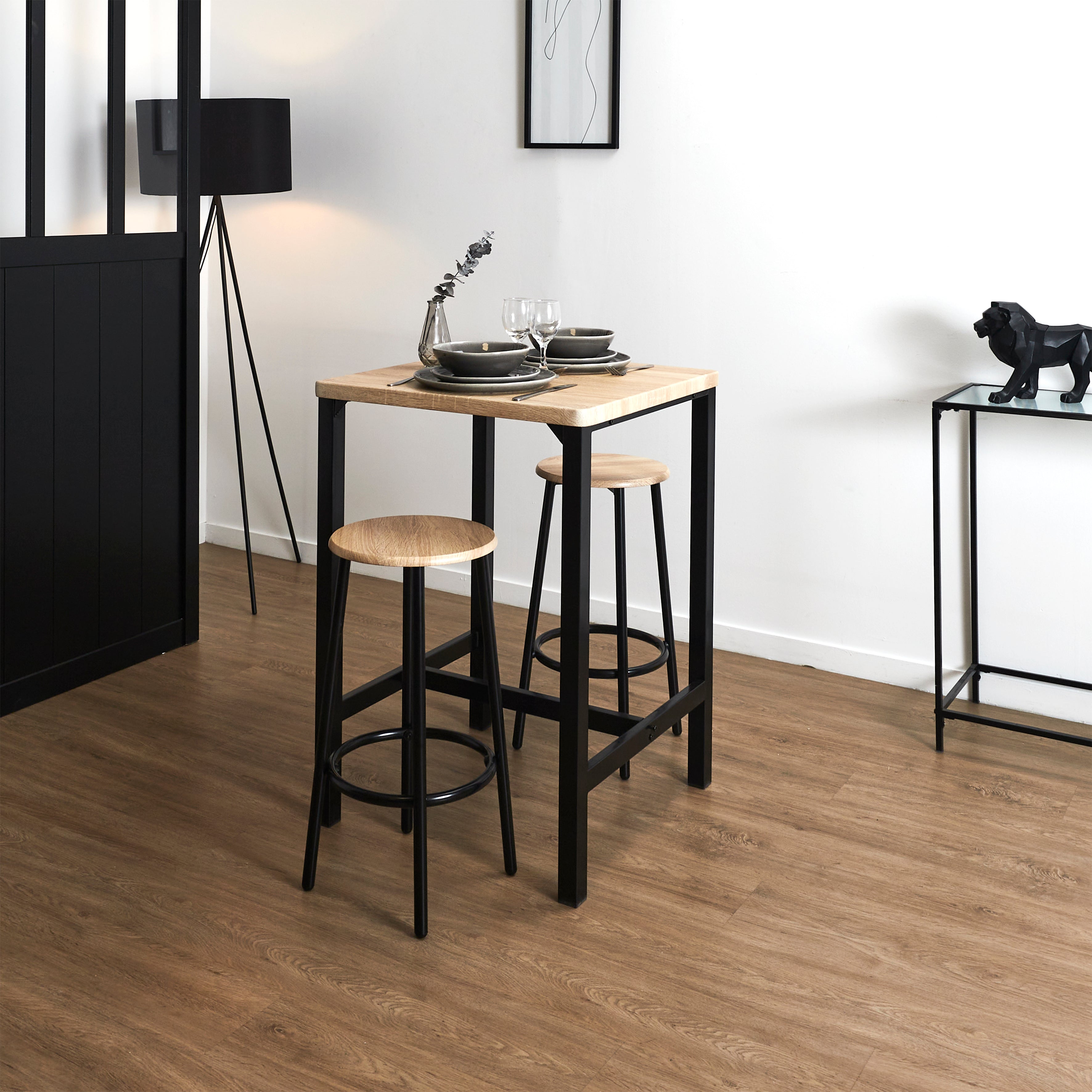 TABLE MANGE DEBOUT ET 2 TABOURETS LOKA