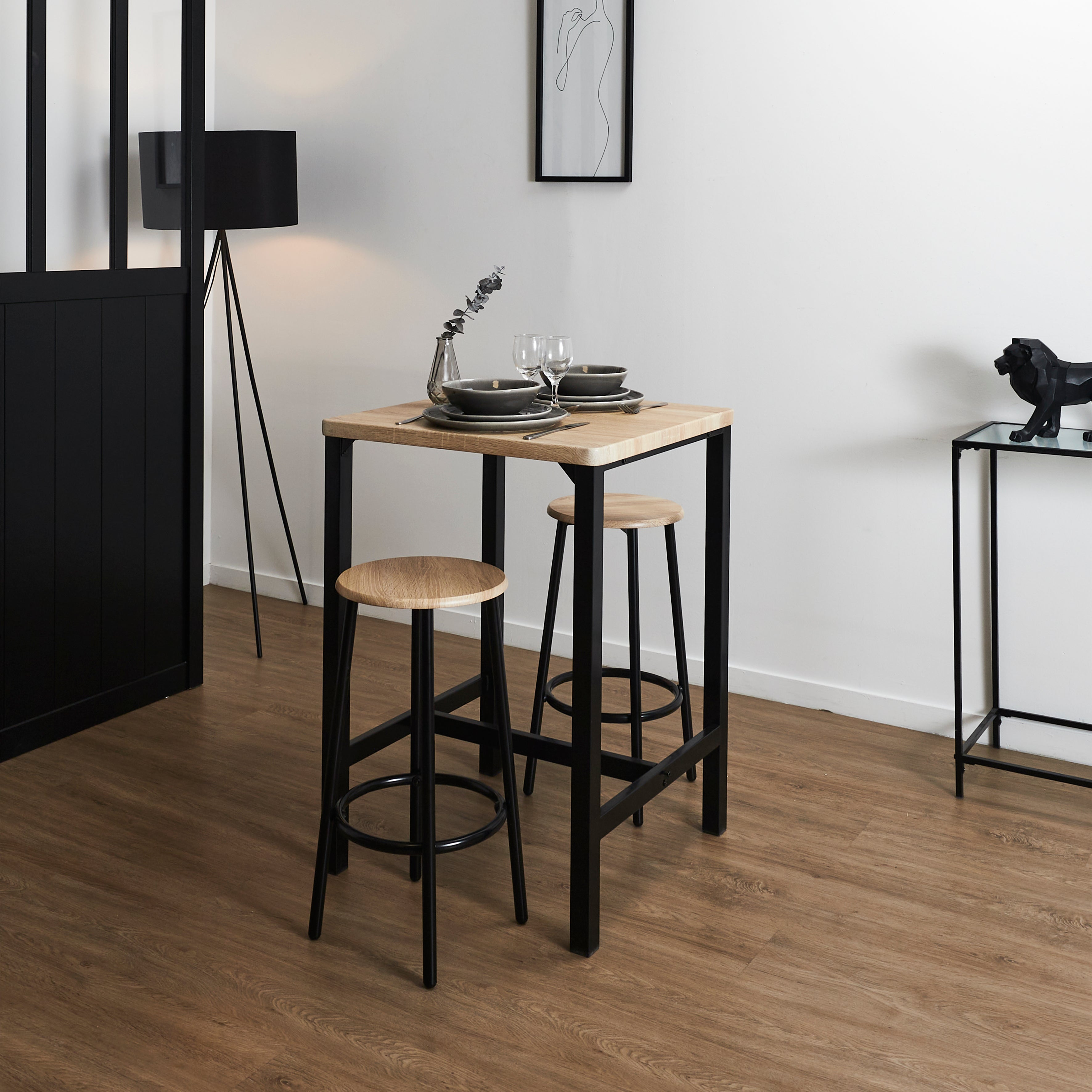 TABLE MANGE DEBOUT ET 2 TABOURETS LOKA