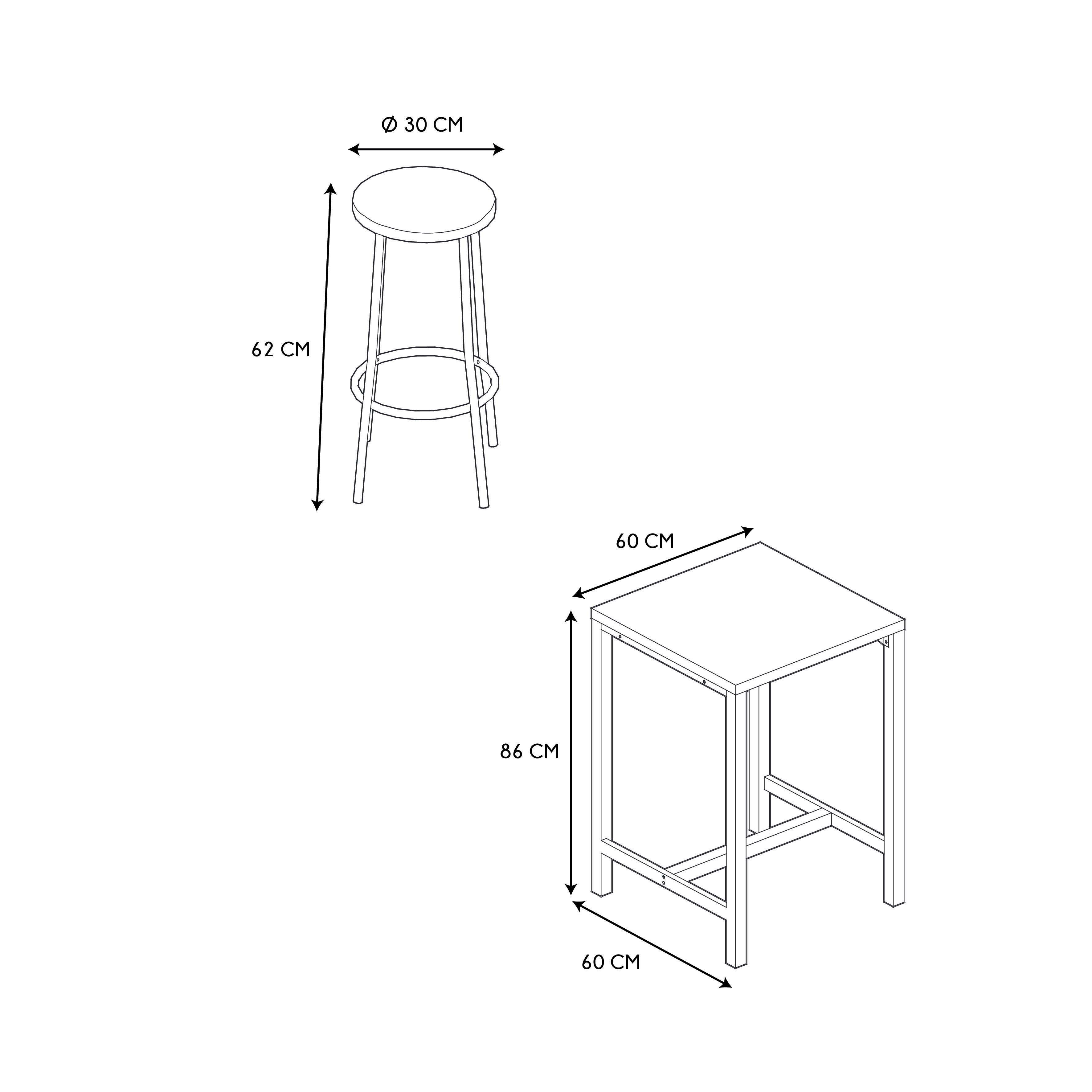 TABLE MANGE DEBOUT ET 2 TABOURETS LOKA