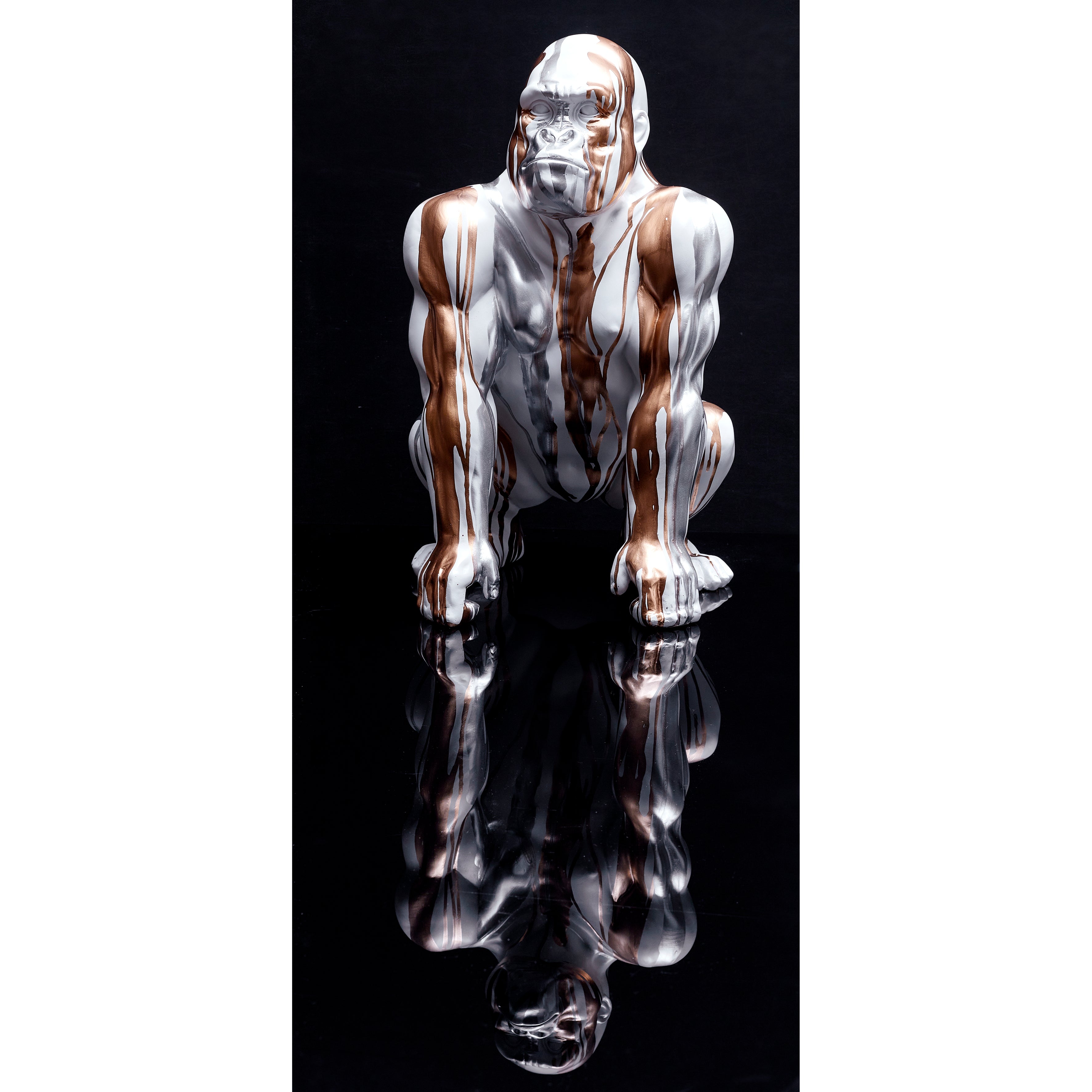 STATUE GORILLE BLANC COULURE DORE ARGENTE H45CM