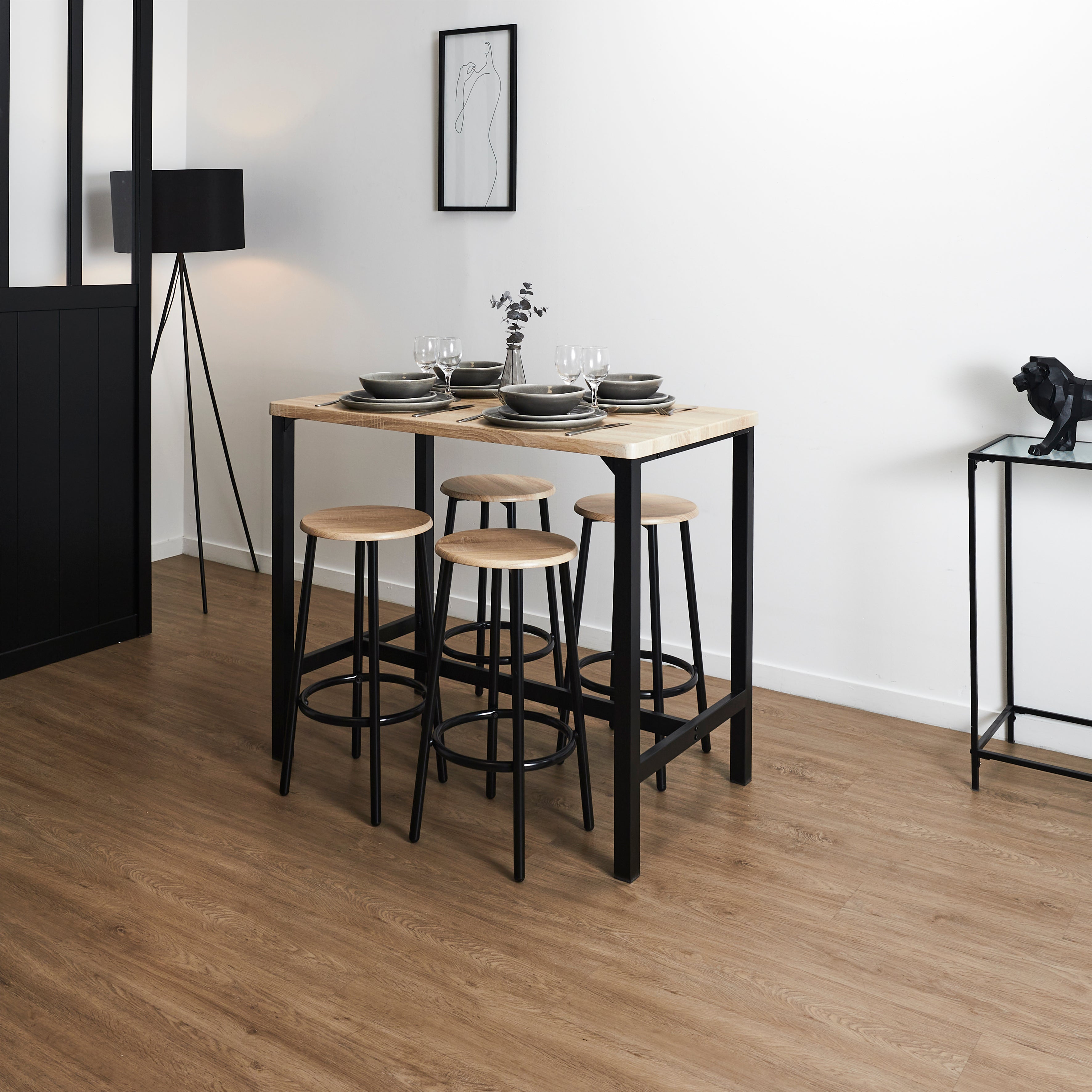 TABLE MANGE DEBOUT ET 4 TABOURETS LOKA