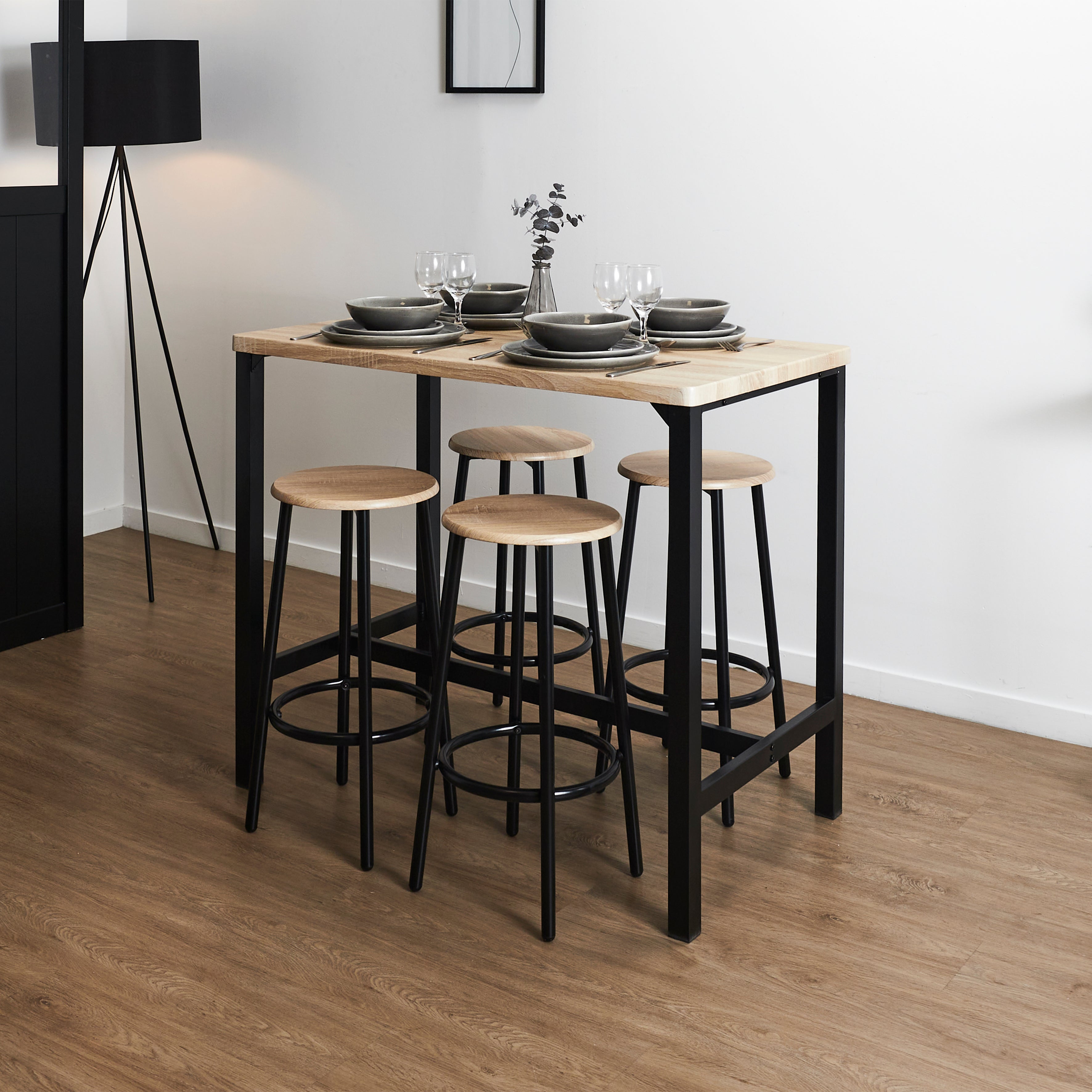 TABLE MANGE DEBOUT ET 4 TABOURETS LOKA