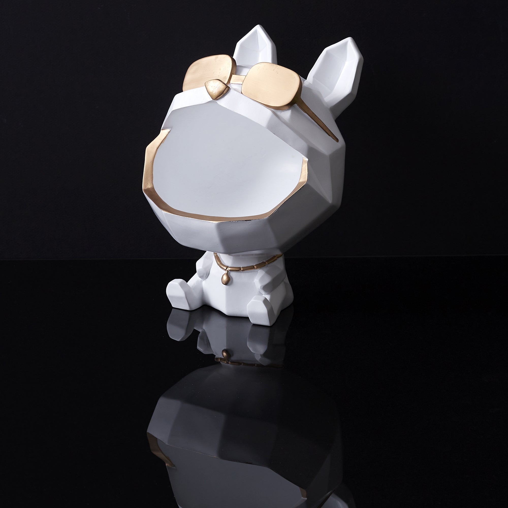 STATUE CHIEN A LUNETTES BLANC VIDE POCHE