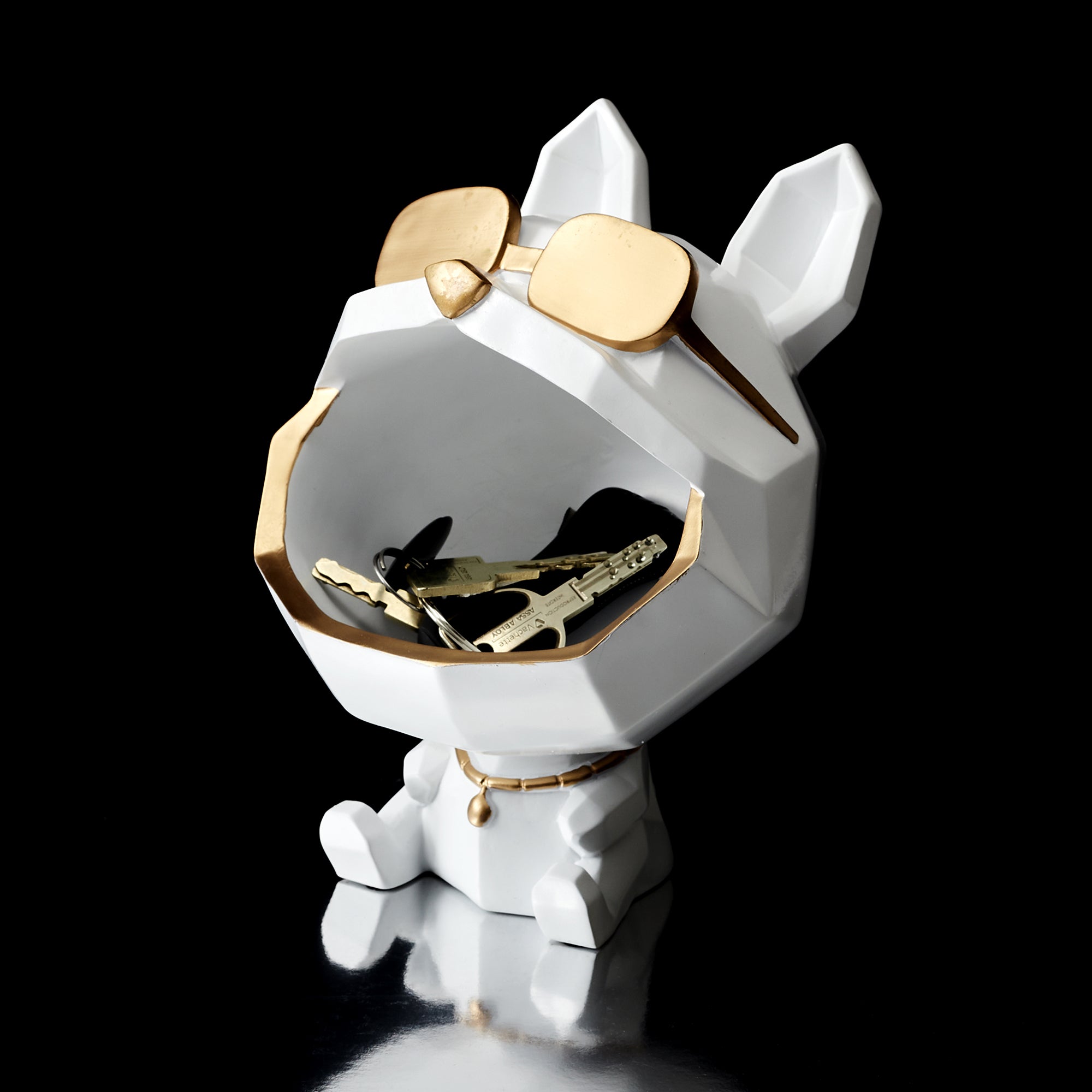 STATUE CHIEN A LUNETTES BLANC VIDE POCHE