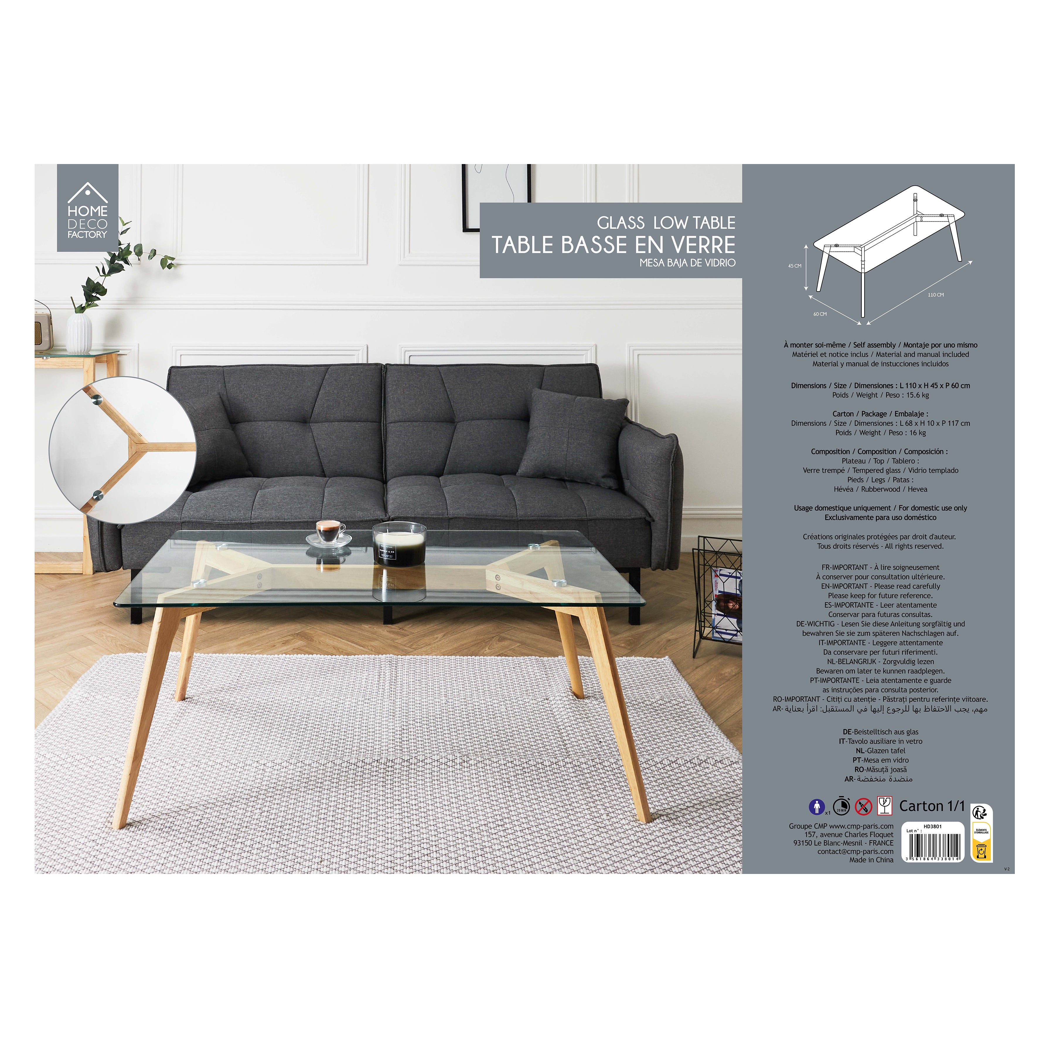 TABLE RECTANGULAIRE EN VERRE 110X60X45CM