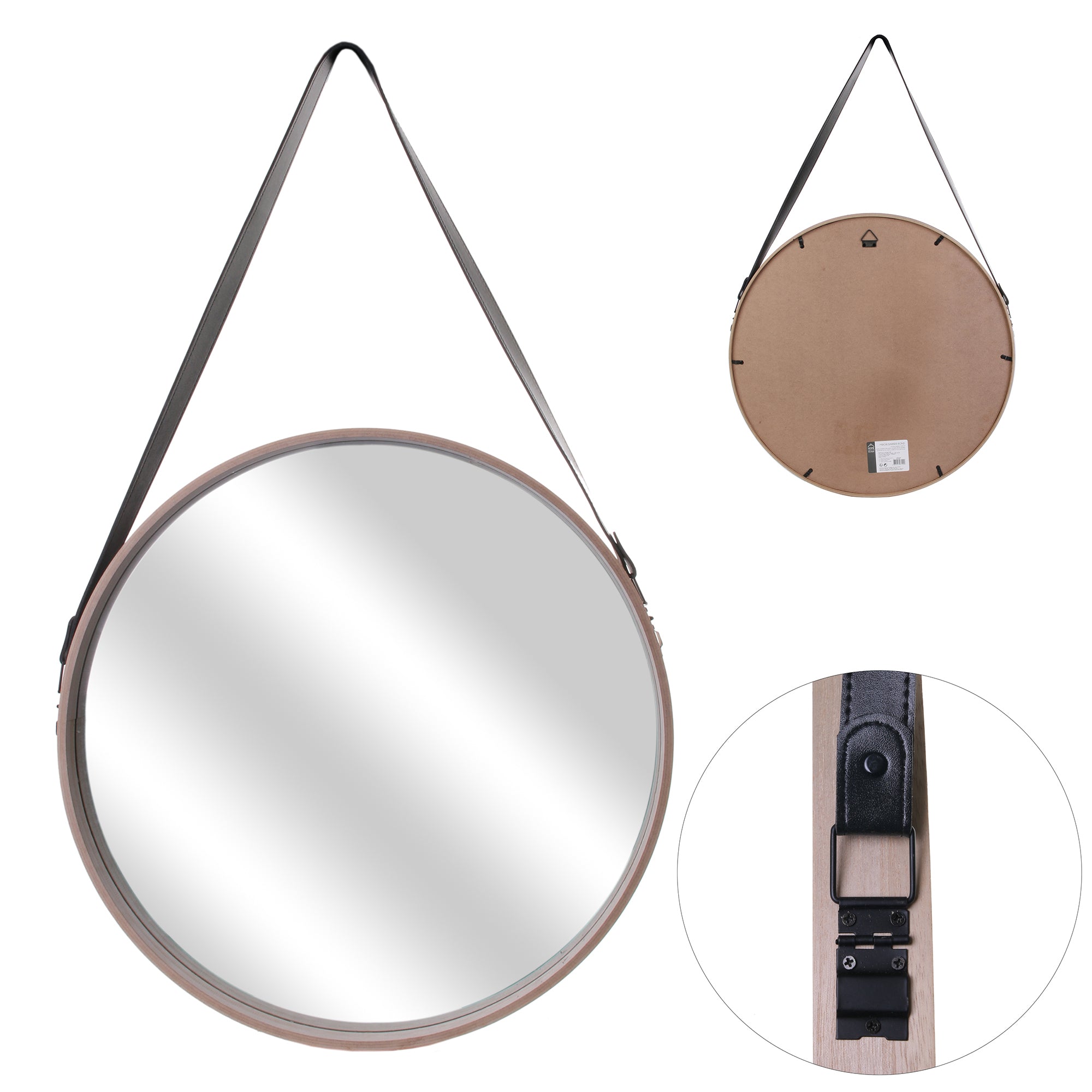 MIROIR ROND AVEC ANSE PU BOIS 50CM