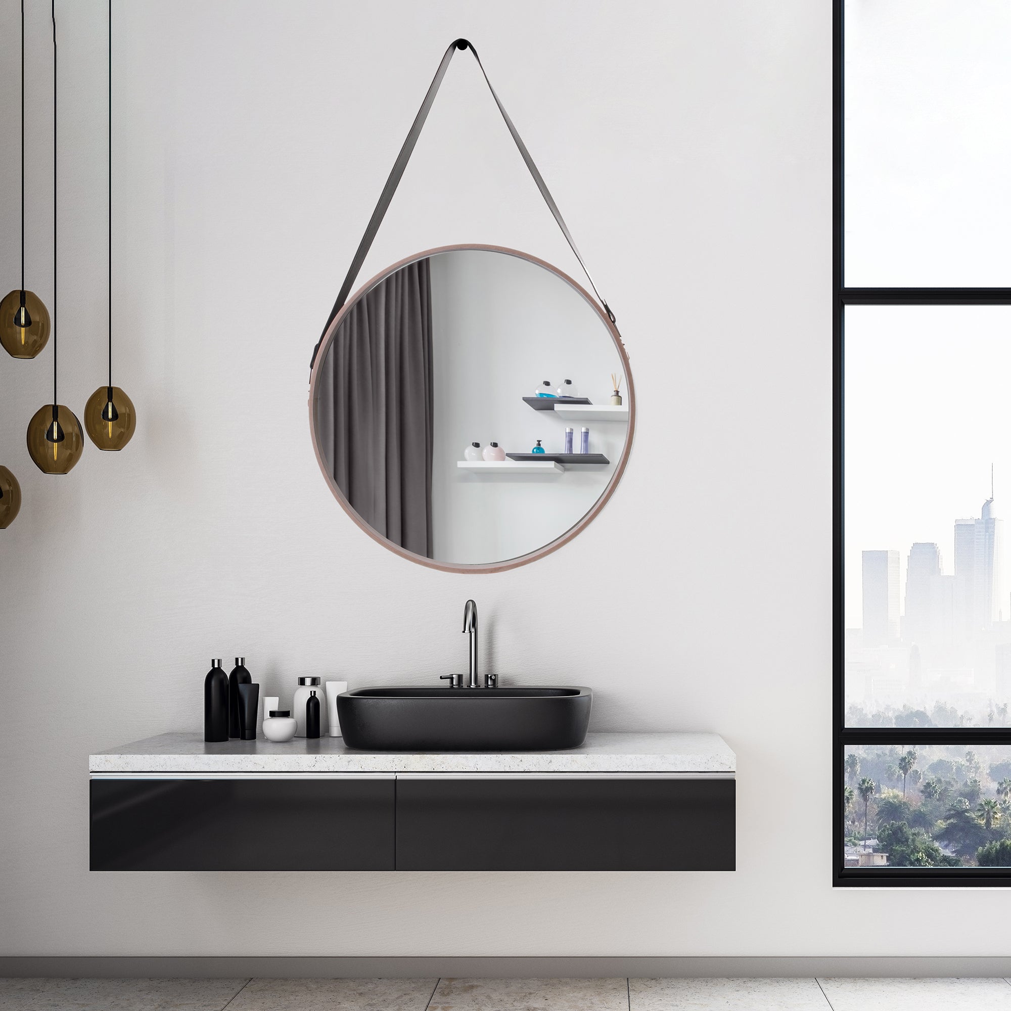 MIROIR ROND AVEC ANSE PU BOIS 50CM