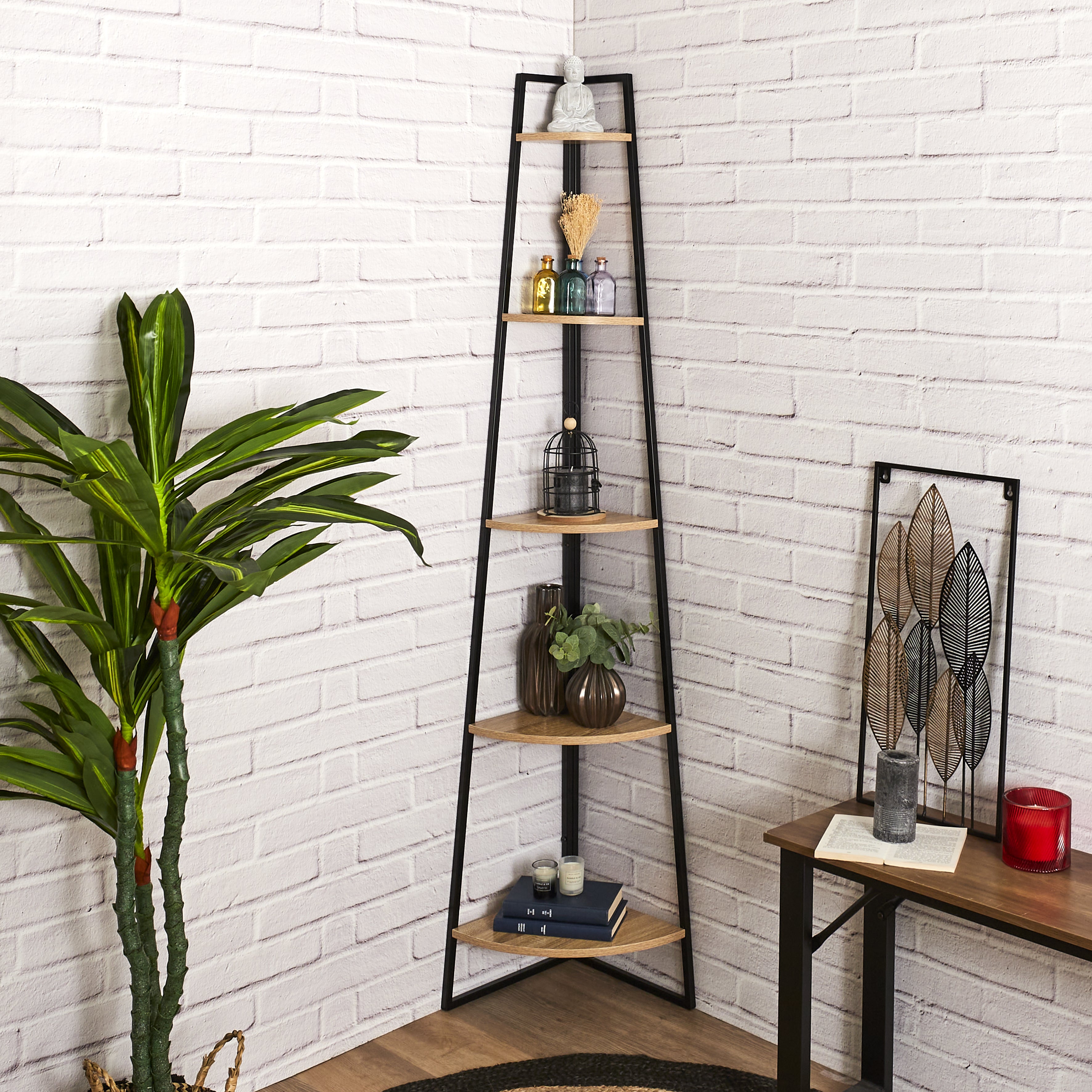 ETAGERE ANGLE 5 NIVEAUX BOIS ET METAL