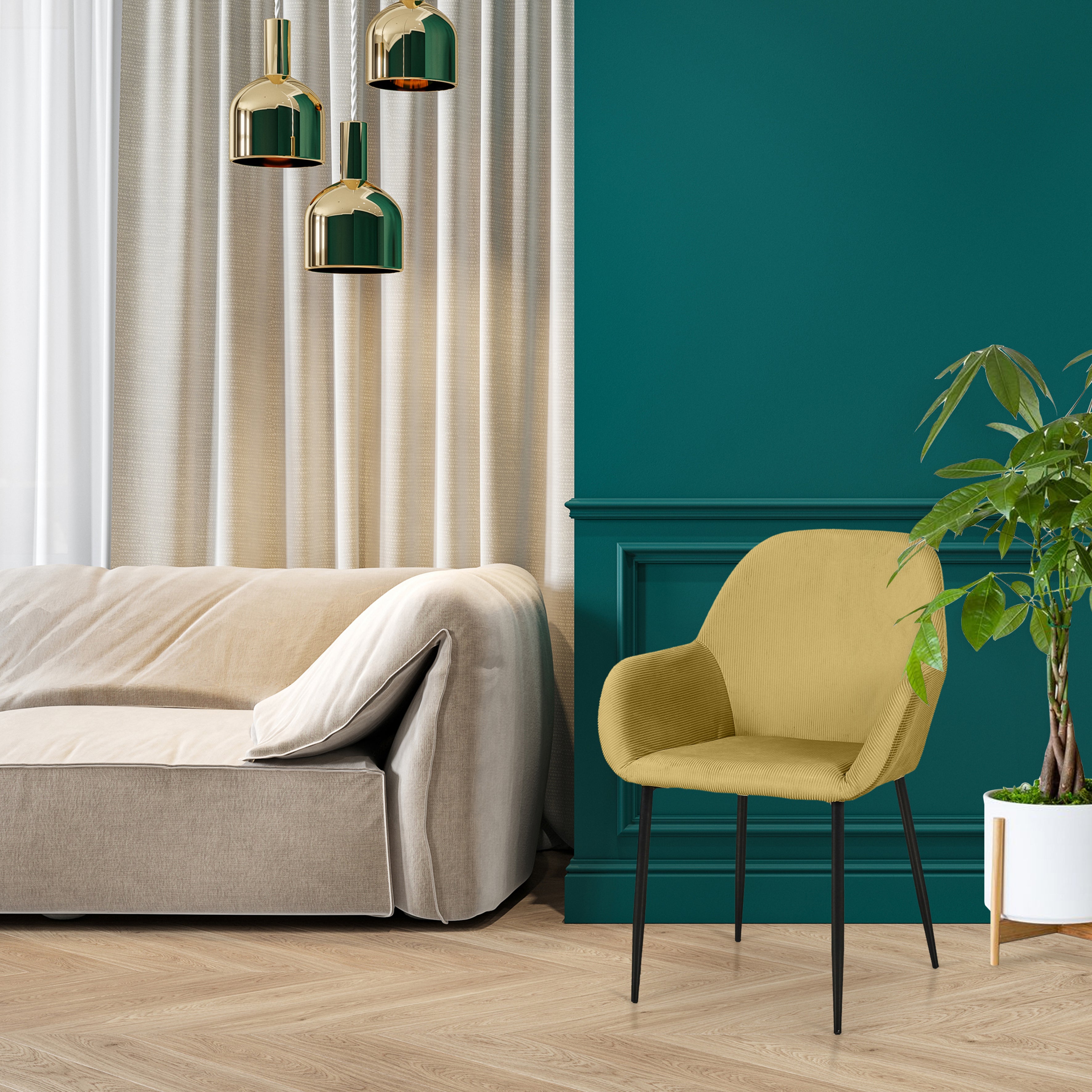 FAUTEUIL GIULIA JAUNE MOUTARDE VELOURS COTELE - LOT DE 2