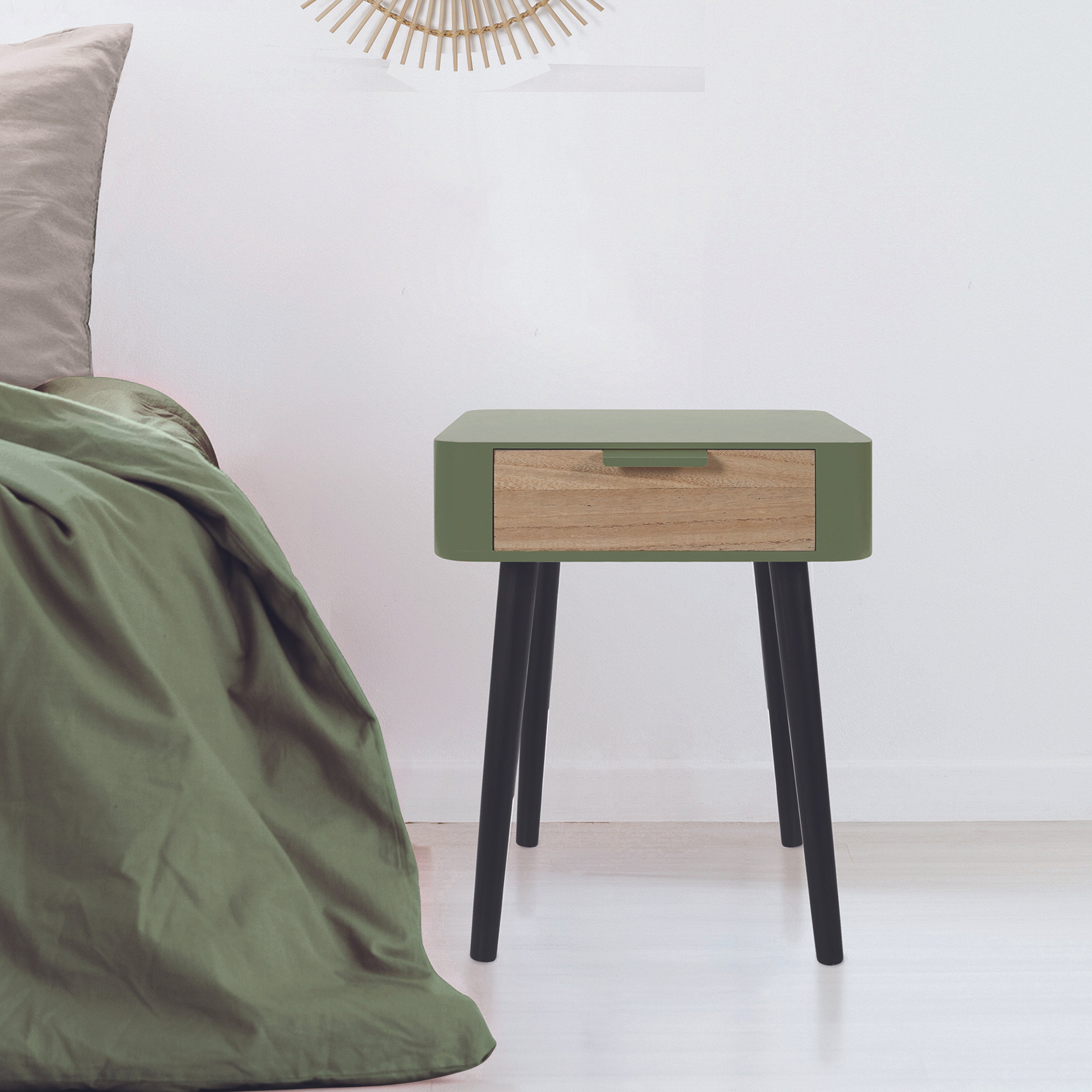 CHEVET 1 TIROIR EN BOIS VERT KAKI