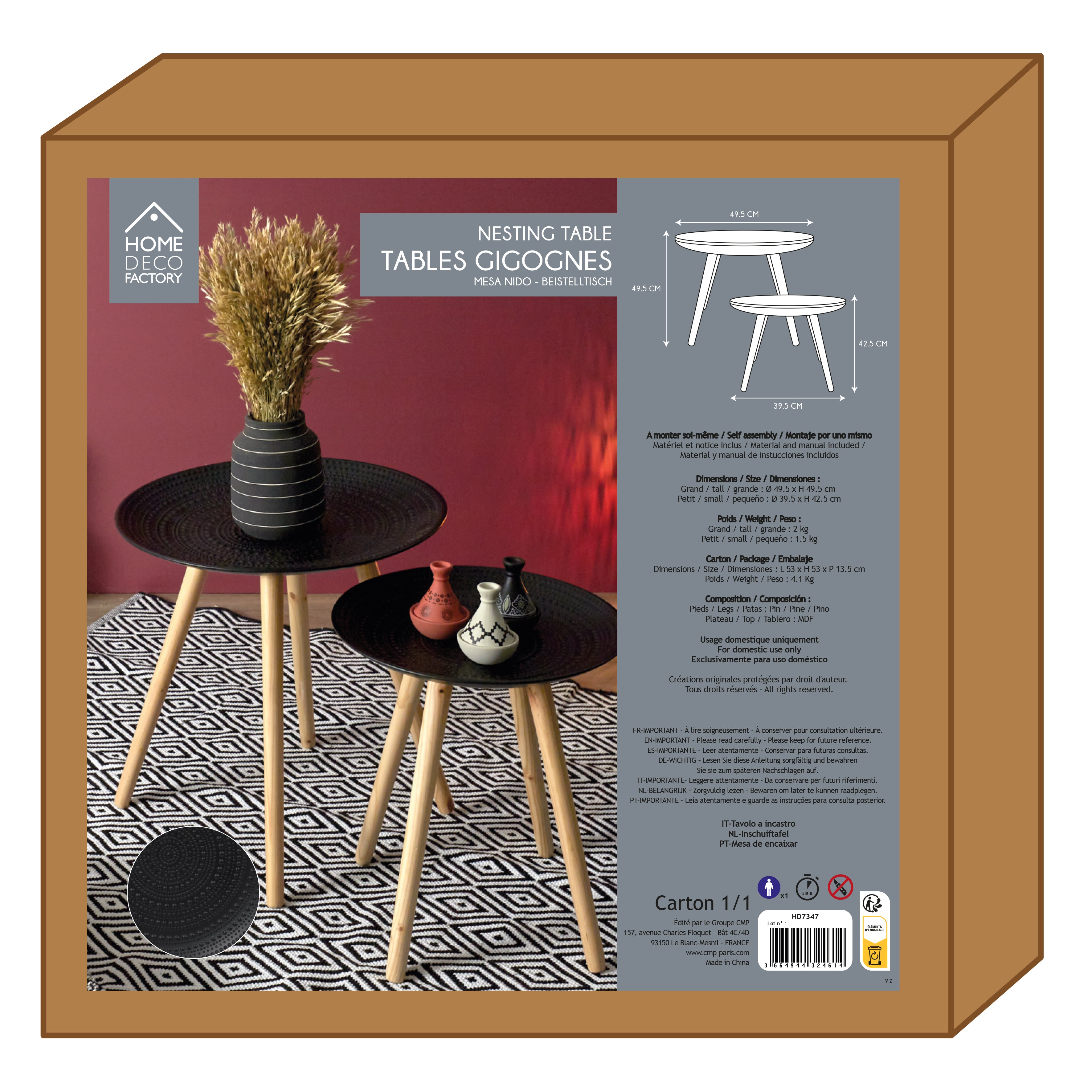 TABLE GIGOGNE RONDE RELIEF NOIR X2