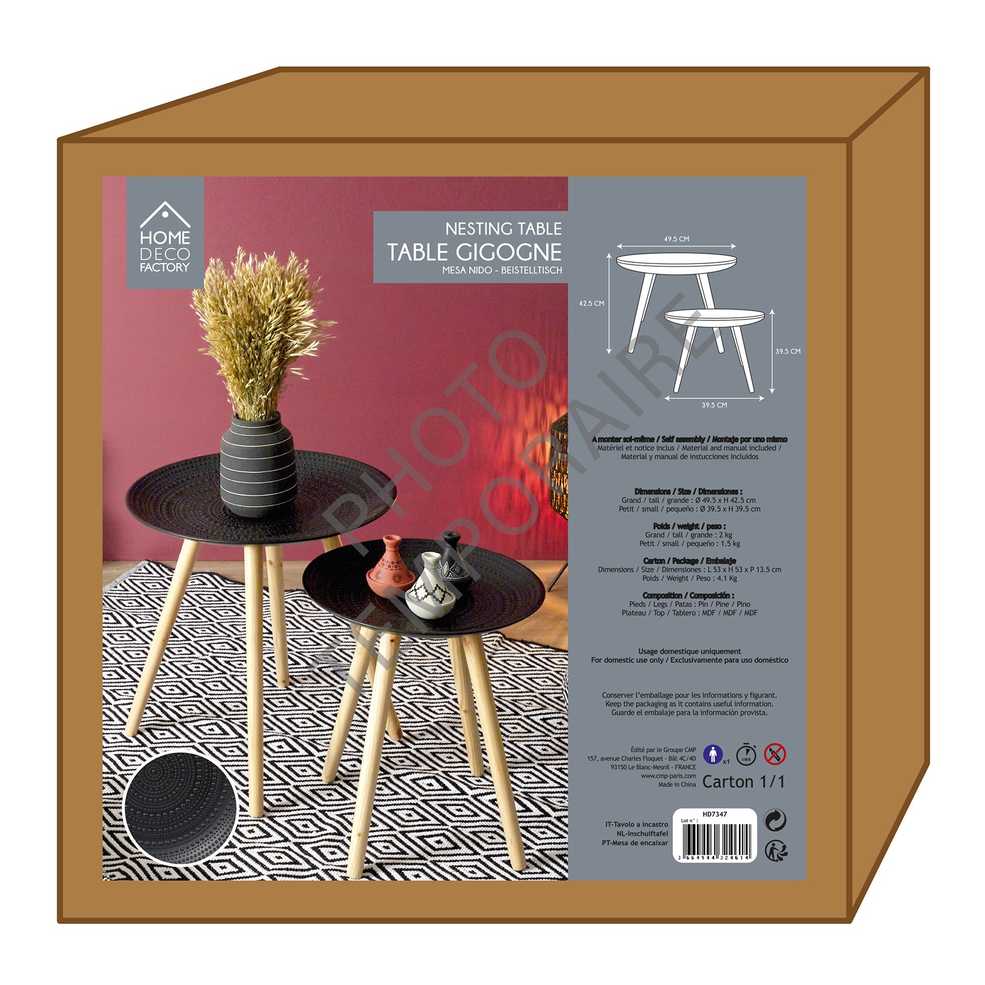 TABLE GIGOGNE RONDE RELIEF NOIR X2