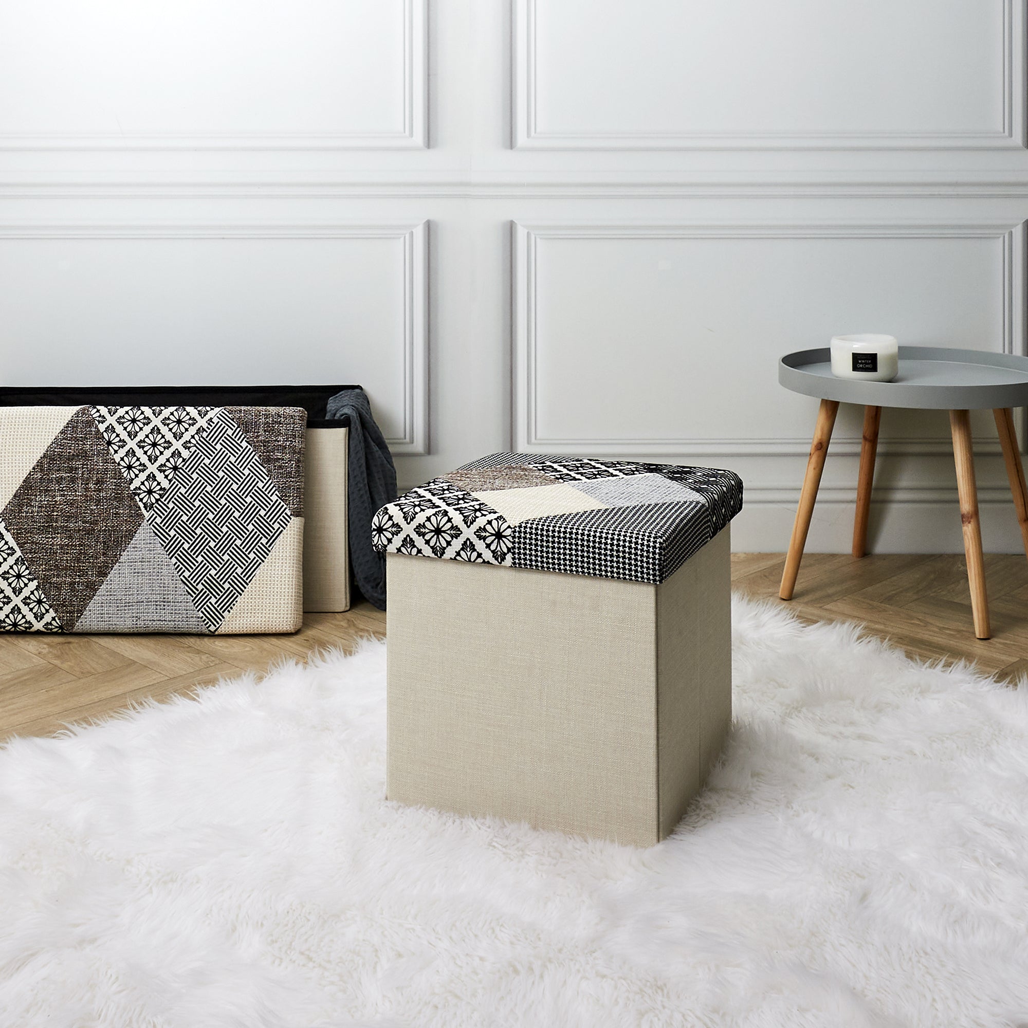 COFFRE POUF PLIABLE PATCHWORK GRIS